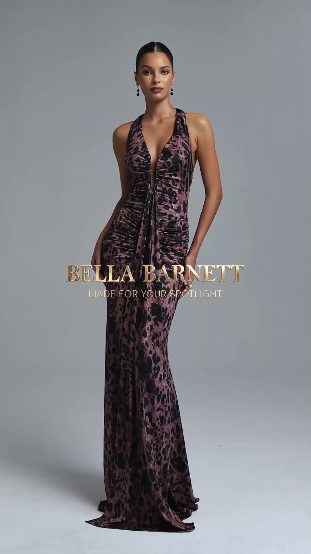 Jacova Sexy Contour Halter V Neck Ruched Printed Knit Maxi Dress