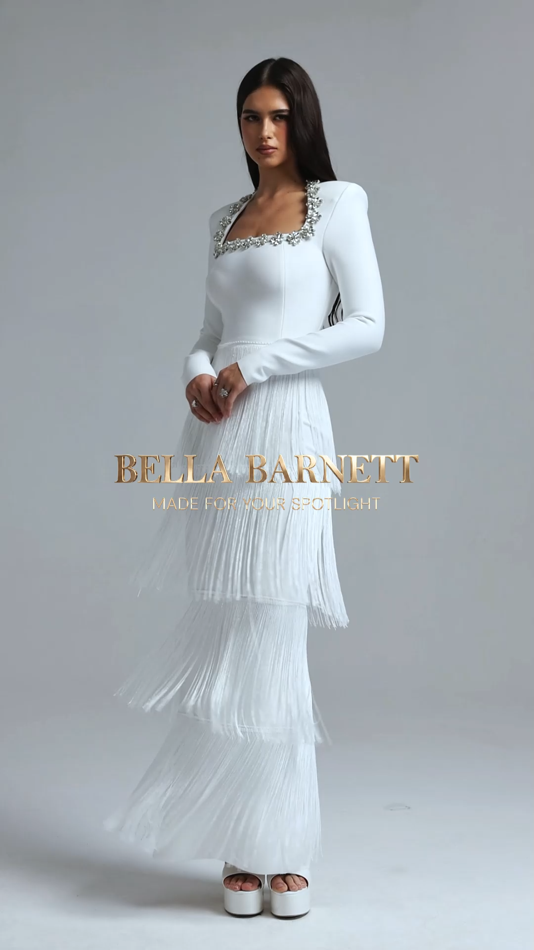 Holisa Fitted Square Neck Long Sleeve Floral Rhinestone Multi Layer Tassel Bandage Maxi Dress