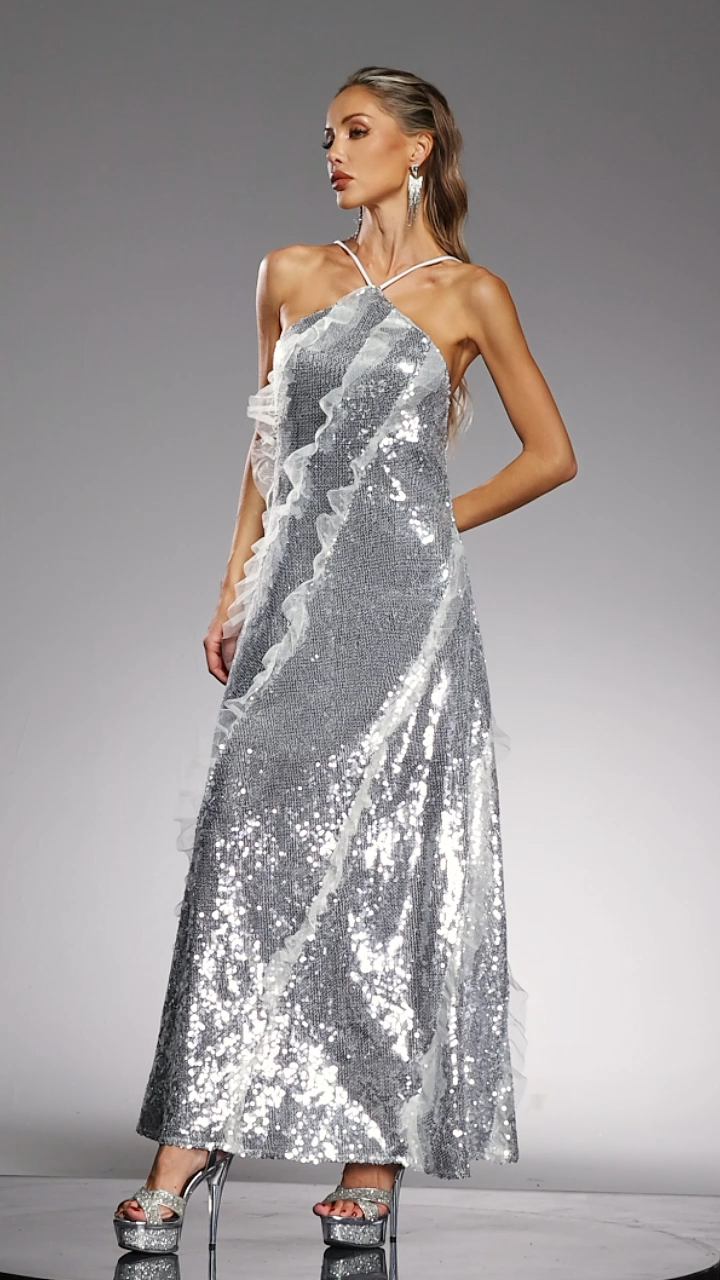 Dilara Sleeveless  Halter Sequins Ruffled Maxi Dress