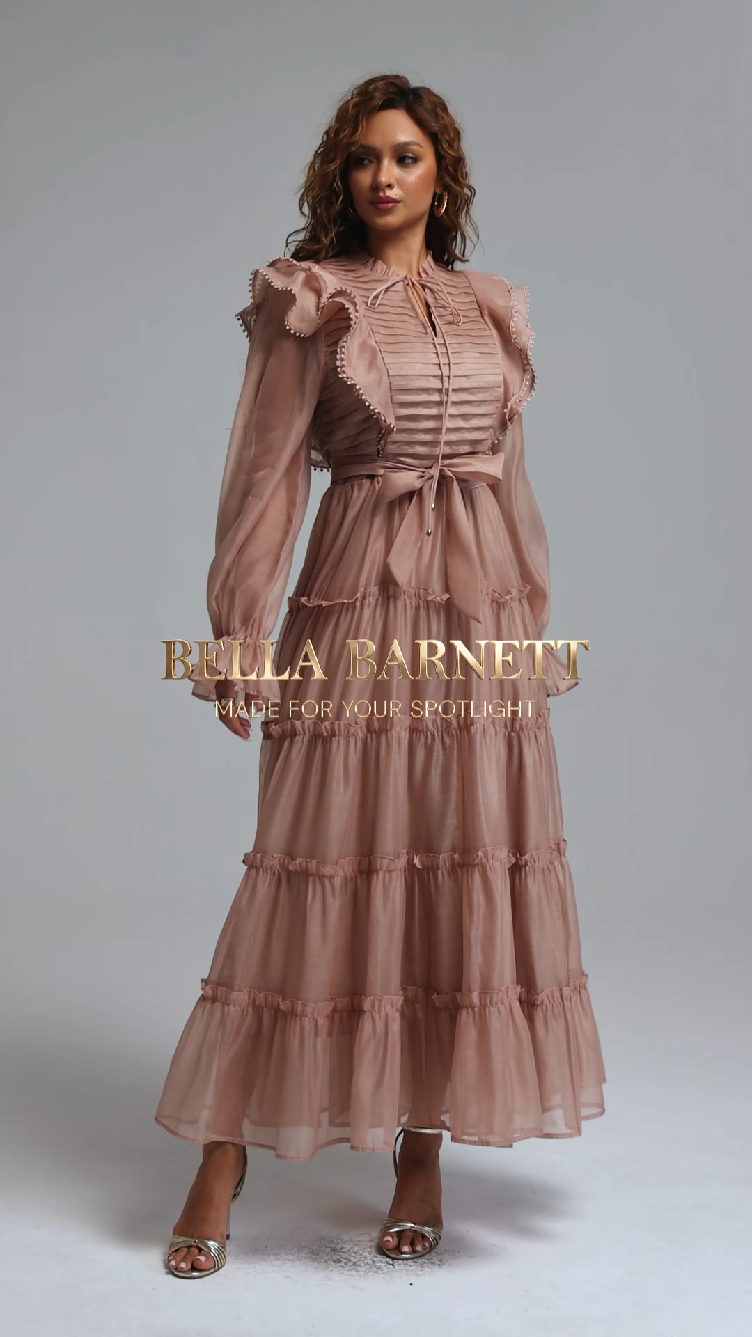 Susan Elegant Flowy Stand Collar Long Sleeve Ruffle Tiered Organza Maxi Dress