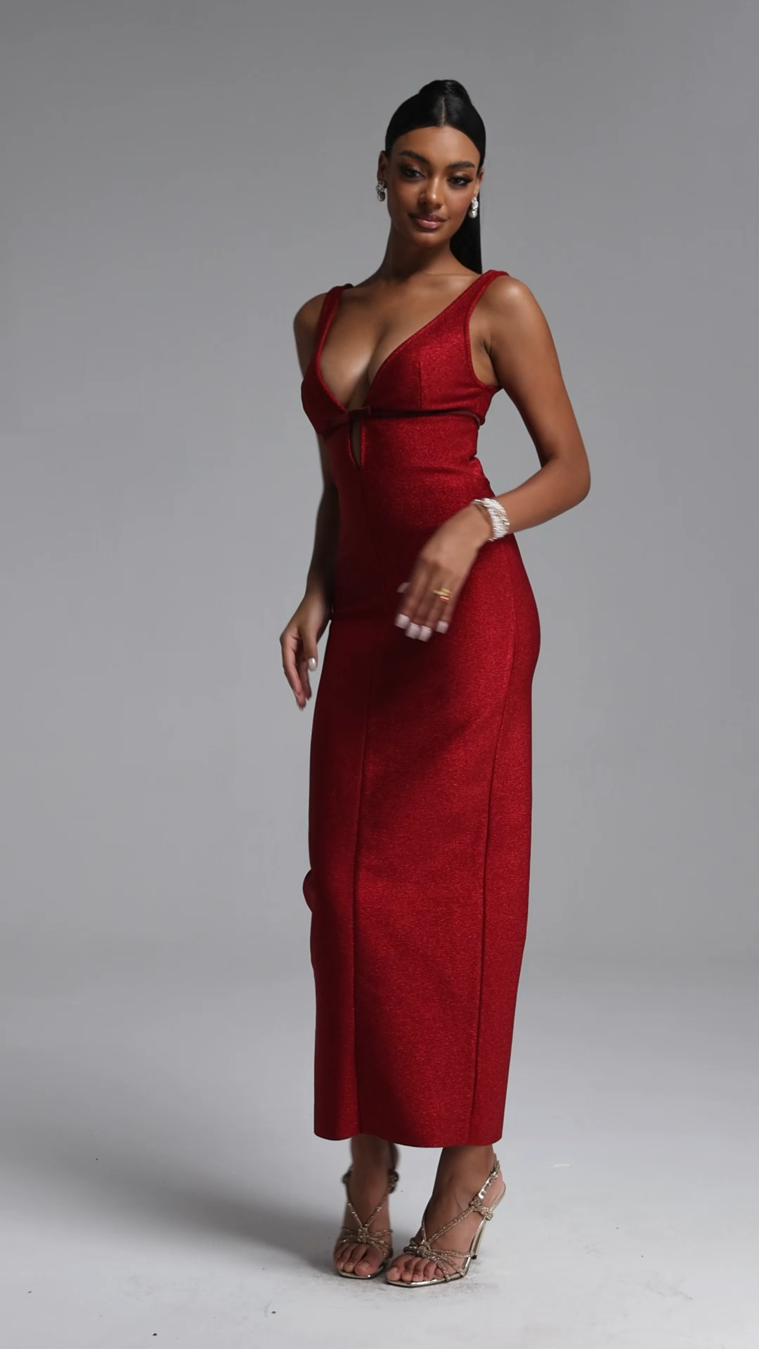 Molao Elegant Contour Sleeveless Deep V Bow Embellished Midi Bandage Dress