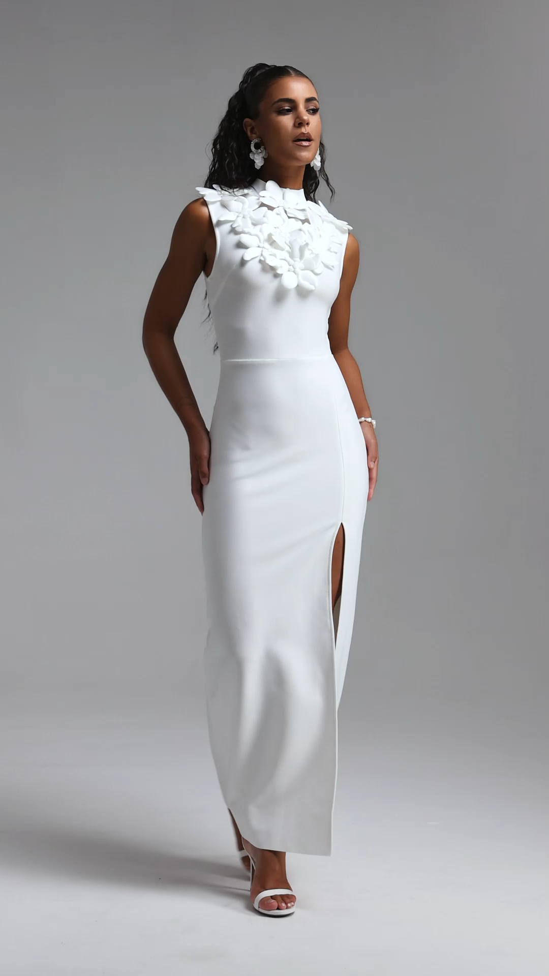 Wenrey Elegant Sleeveless High Neck Floral Split Bandage Maxi Dress