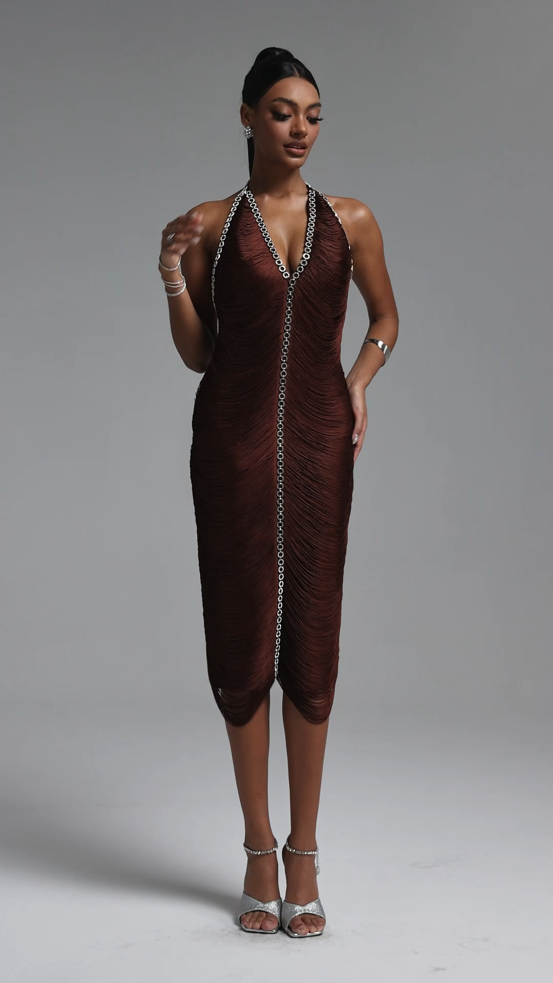 Zem Elegant Fitted Halter Rhinestone Tassel Midi Bandage Dress