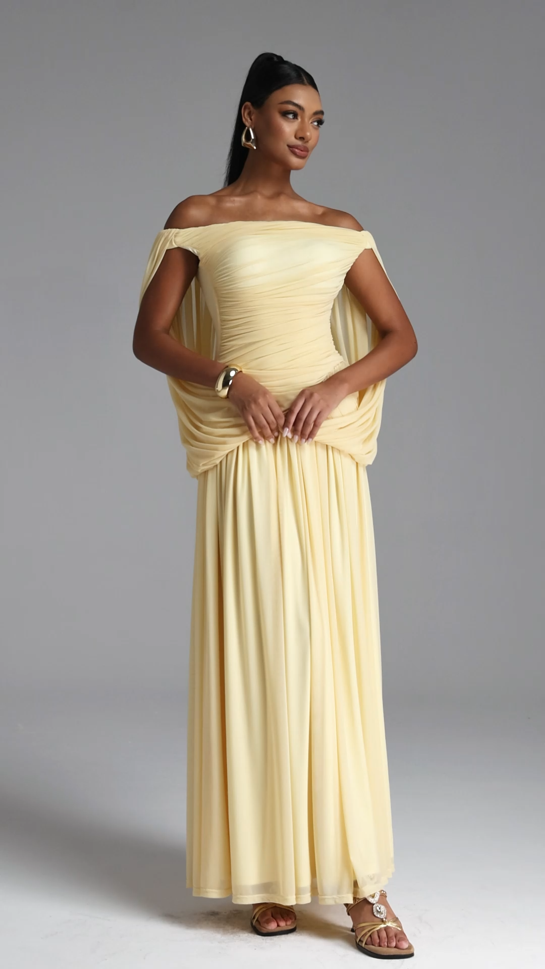 Harena Elegant Contour Off Shoulder Ruched Maxi Dress