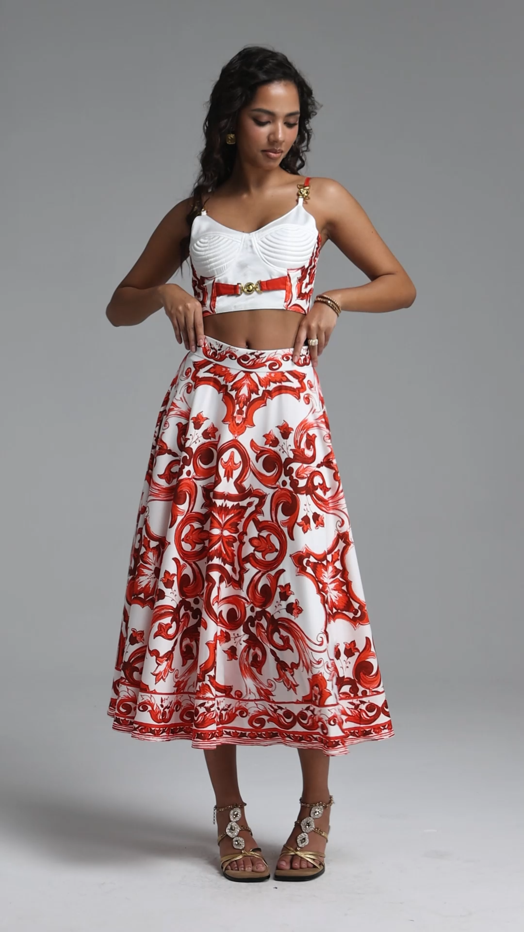 Kaona Halter Floral Printed Red Top And Skirt Two-Piece Set