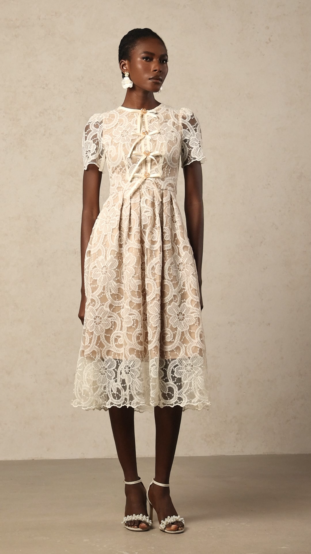 Lucille Short Sleeves Flowers Lace Midi Dress