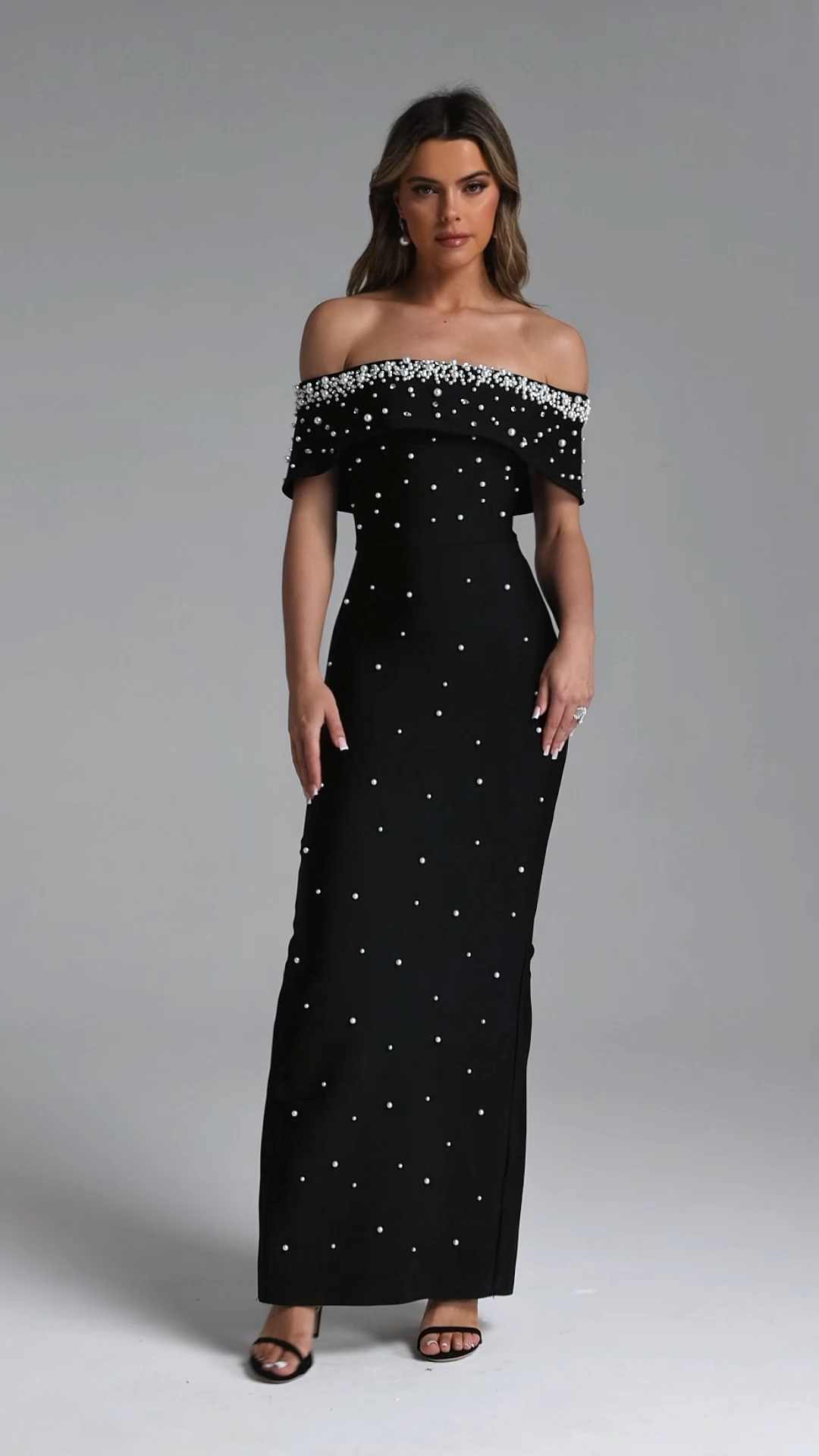Isme Elegant Contour Off Shoulder Pearl Rhinestone Black Bandage Maxi Dress