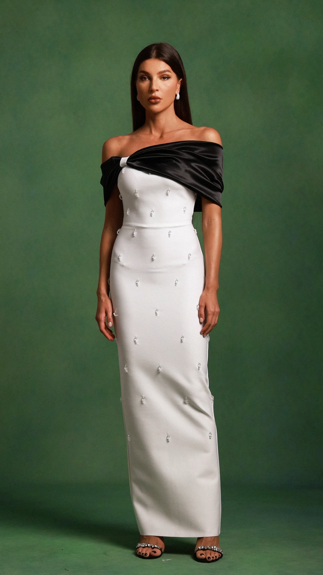 Sharla Off-The-Shoulder Diamond Bow Maxi Dress