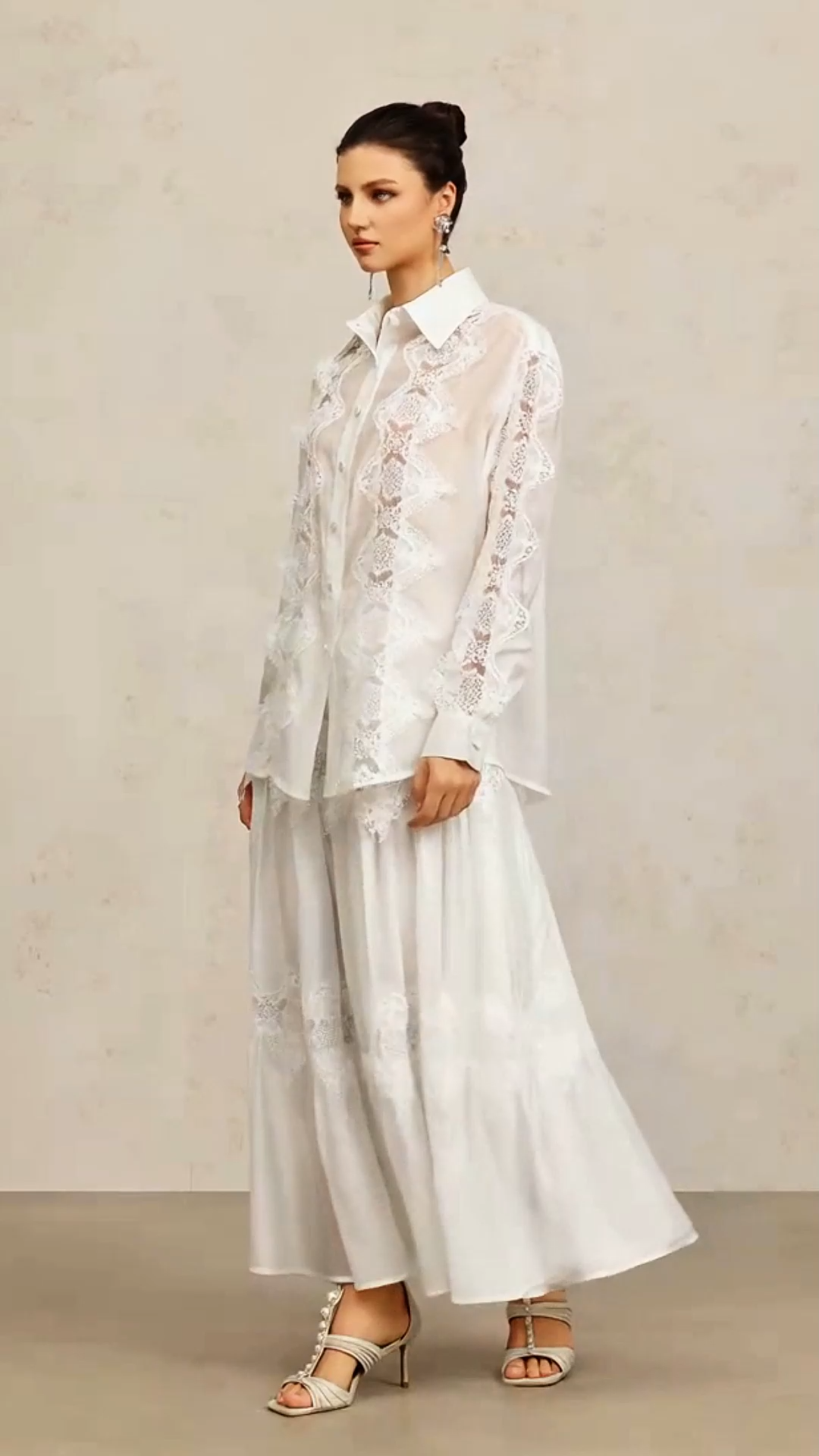 Kater Lapel Long Sleeves Lace Flowers Top And Skirt Two-Piece Set