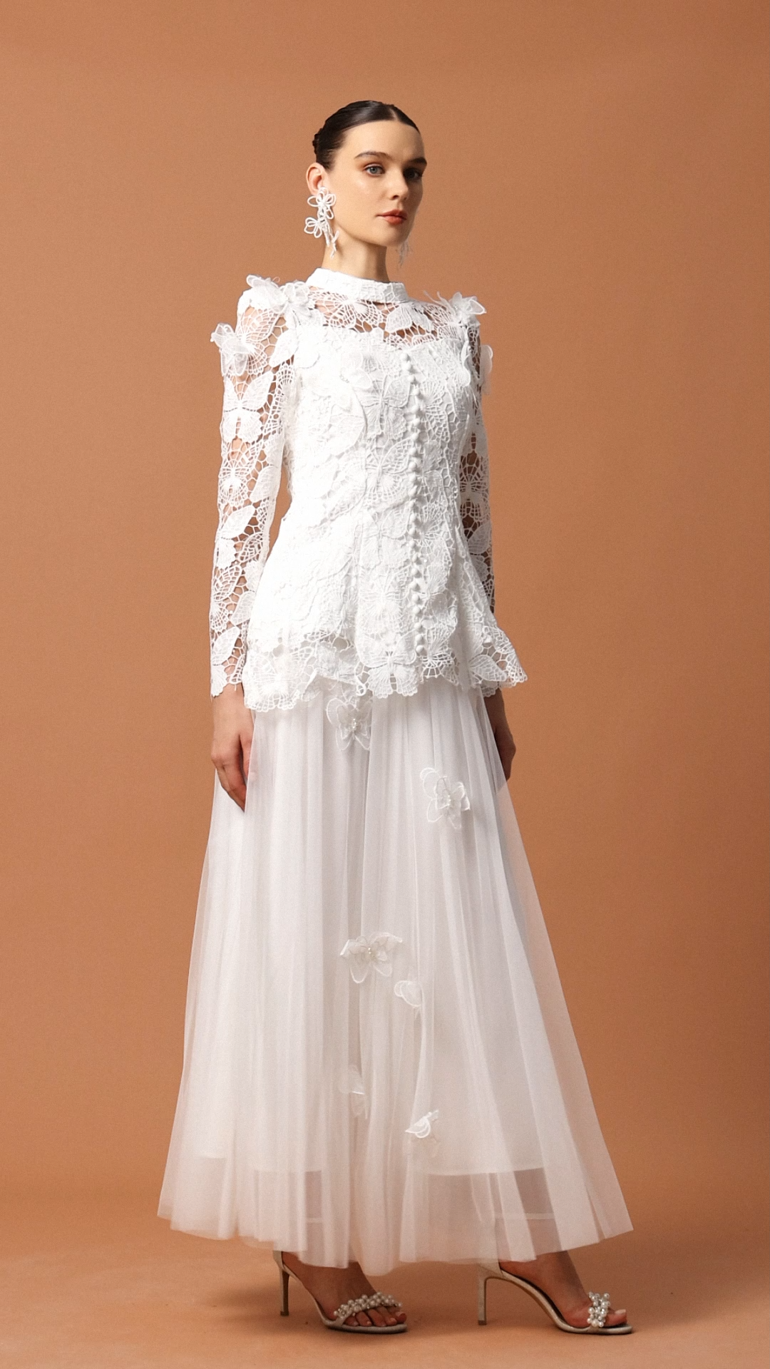 Starsha Long Sleeve Folds Lace Butterfly Top And Skirt Two-Piece Set