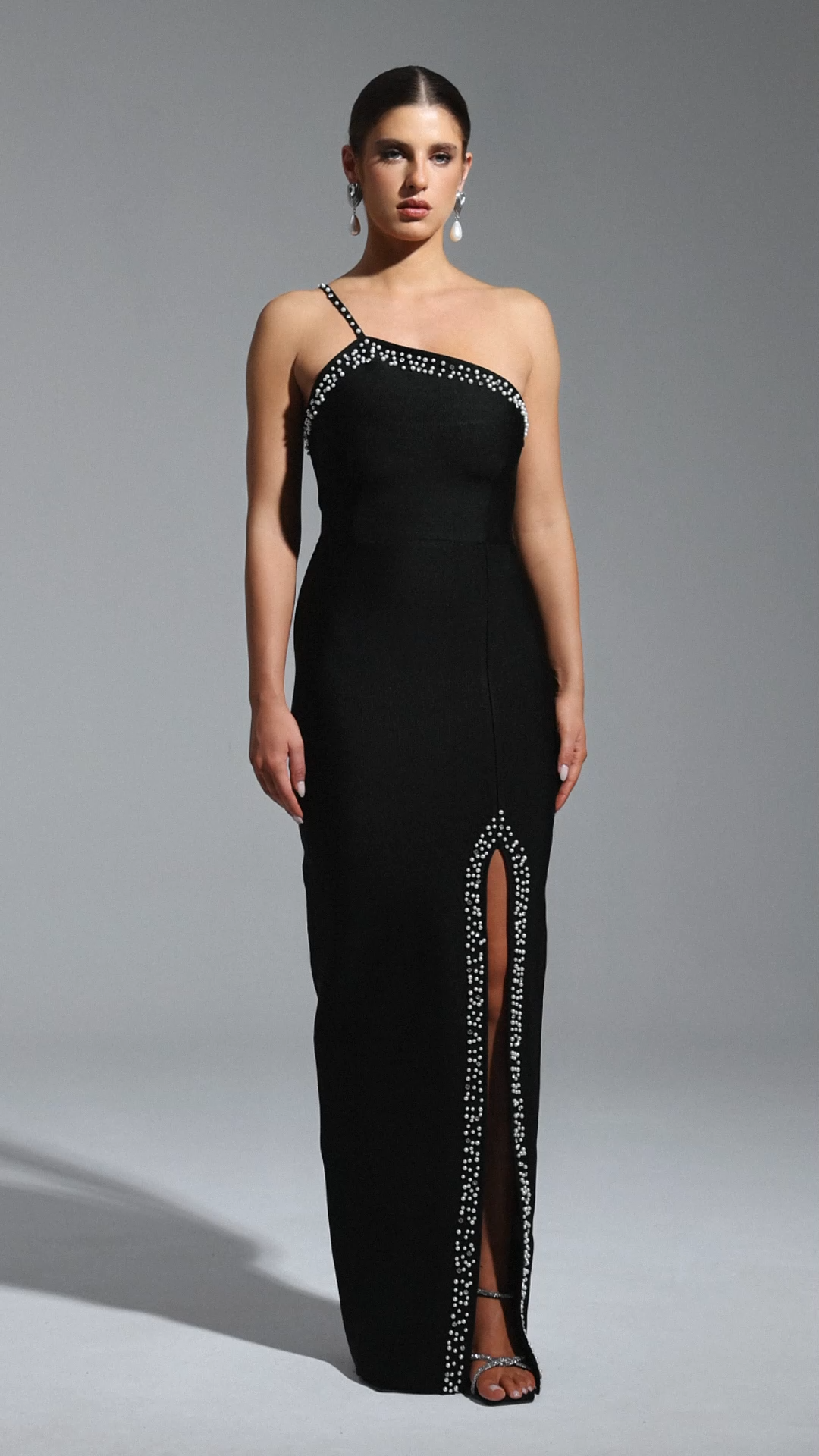 Mattey Bandage One Shoulder Pearls Slit Maxi Dress