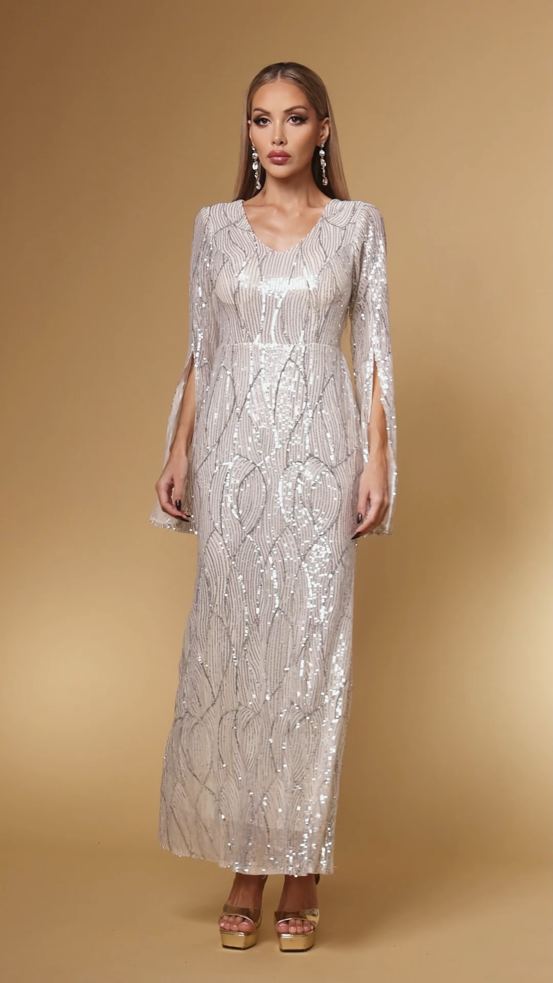 Kamaria Elegant Lustrous Cape Sleeve Sequin White Maxi Dress