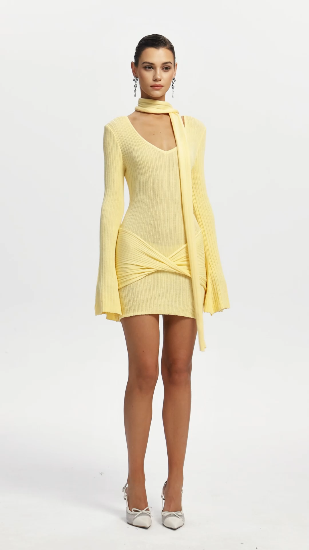 Nesya Chic Cinched Waist V Neck Long Sleeve Knot Knit Mini Dress