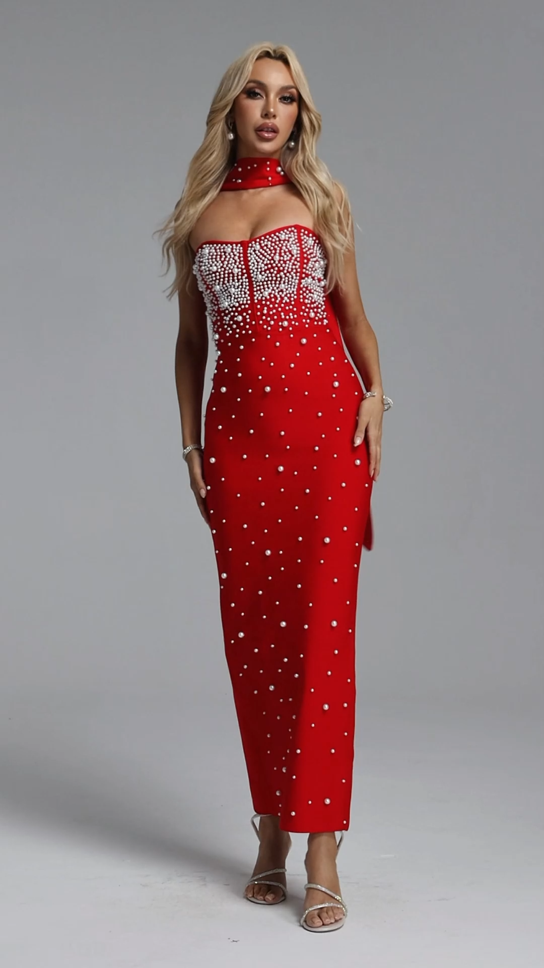 Dierea Glamorous Contour Strapless Pearl Bandage Red Maxi Dress