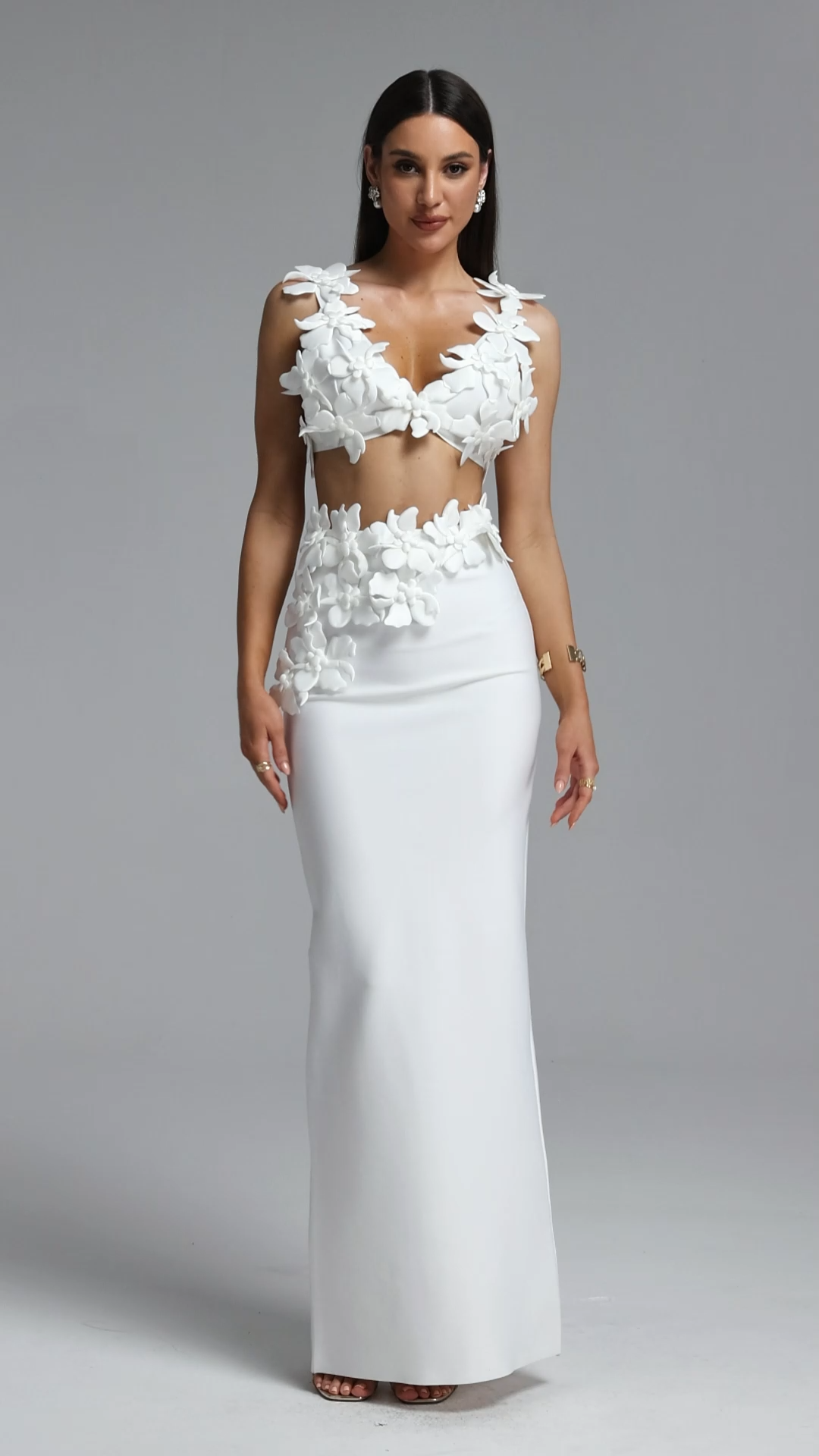 Kavasa Chic Contour V Neck Floral Bandage Top and Skirt Set
