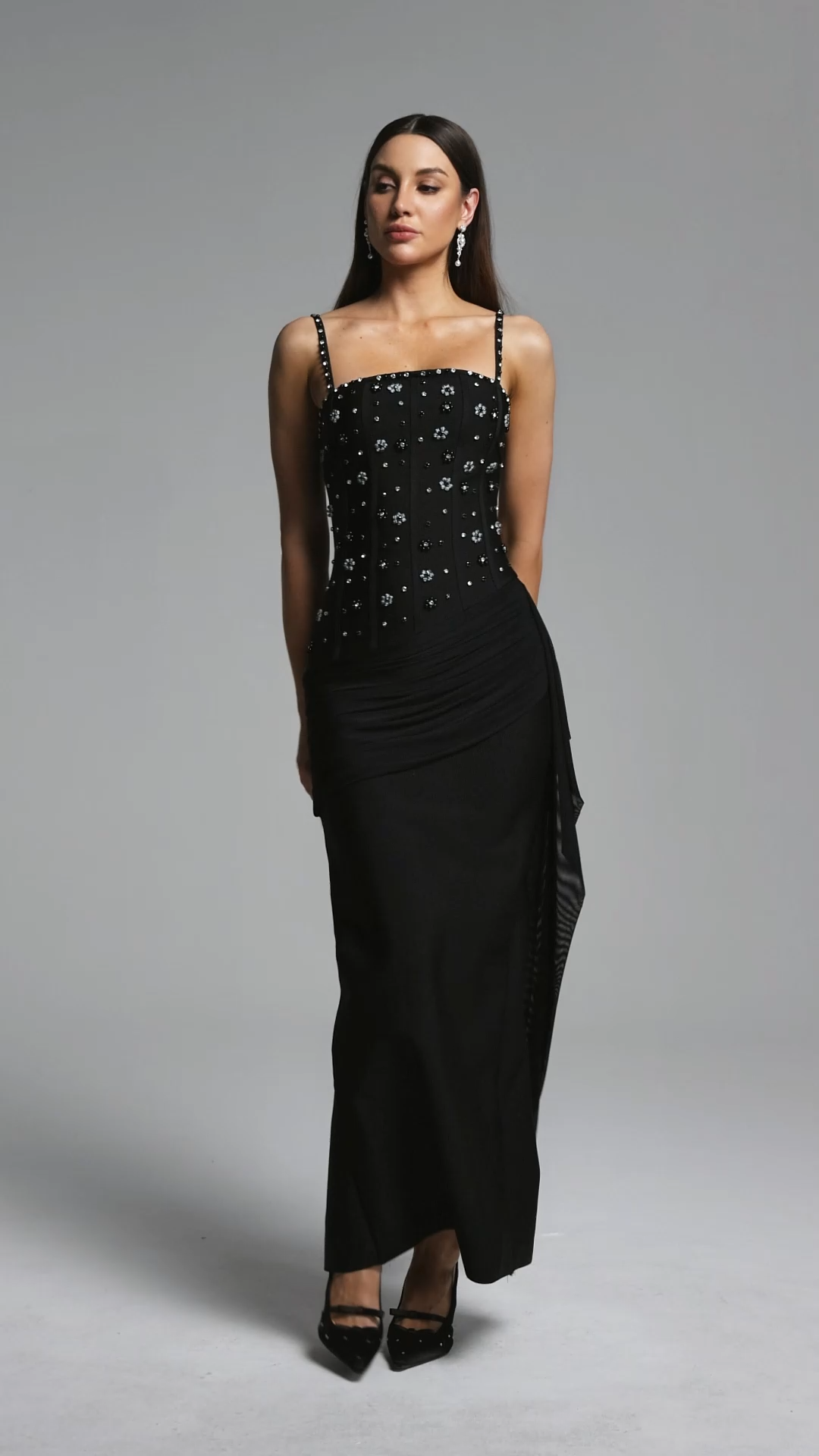 Jyllian Elegant Contour Sleeveless Rhinestone Bandage Maxi Dress