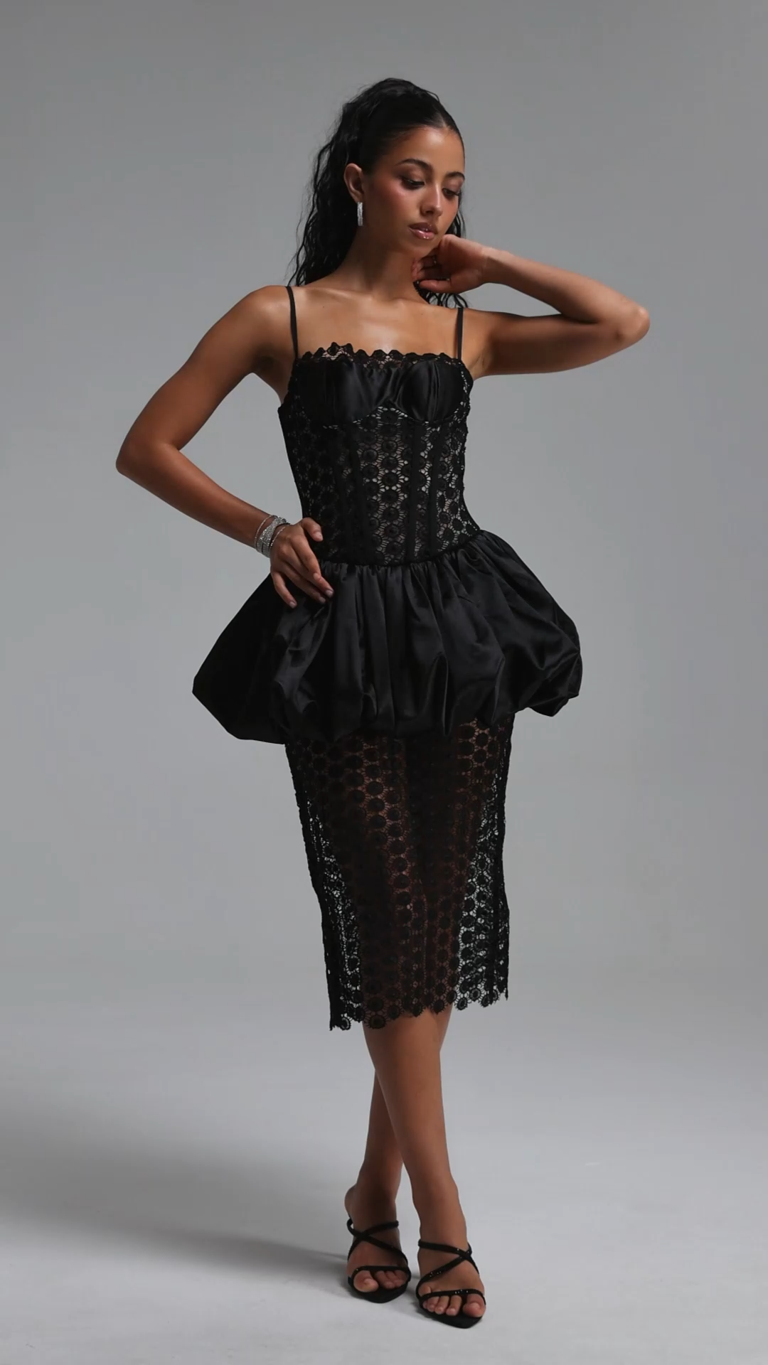 Habiba Chic Cinched Waist Spaghetti Strap Boned Lace Midi Dress