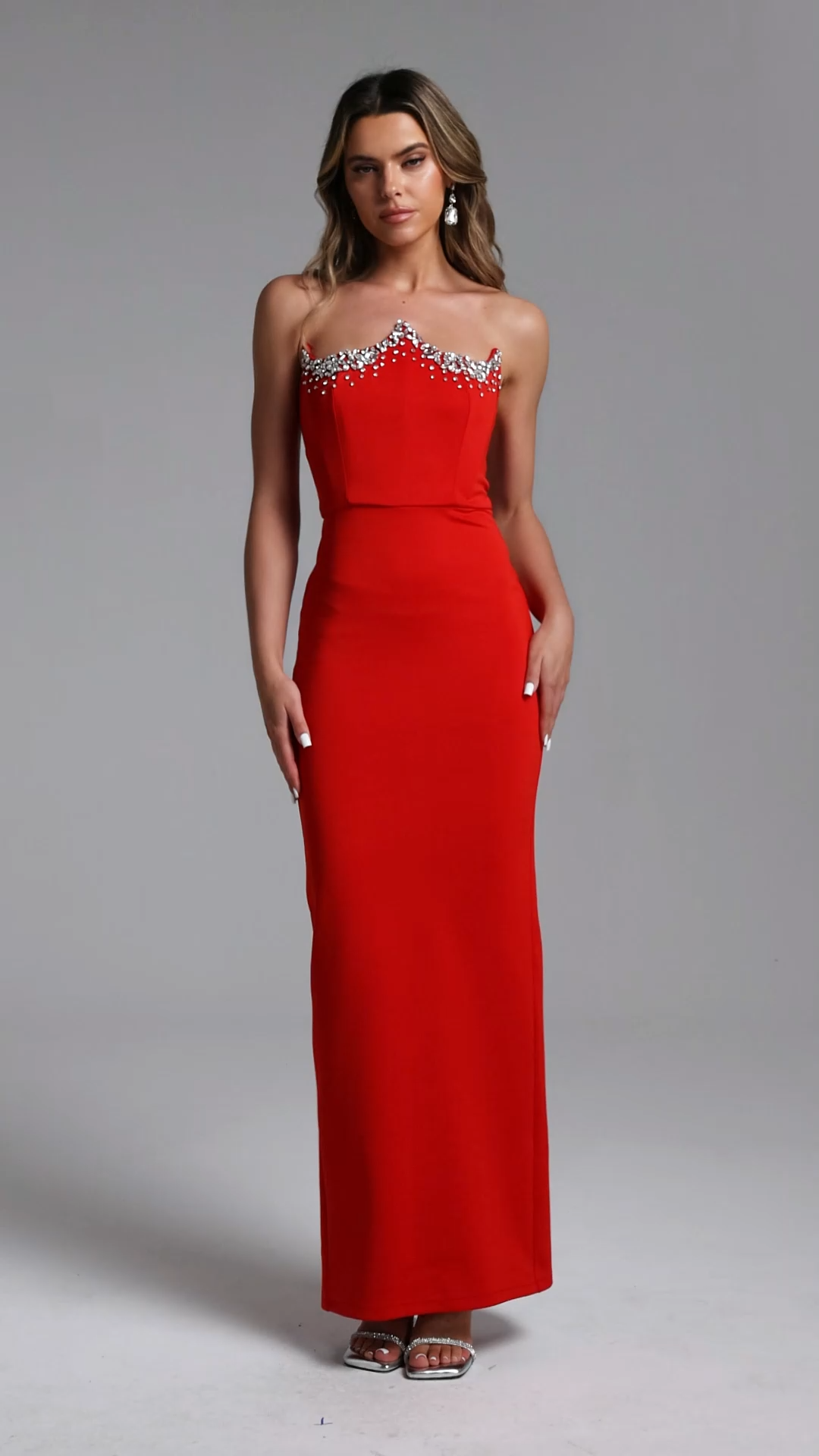 Verues Glamorous Strapless Rhinestone Bandage Maxi Dress