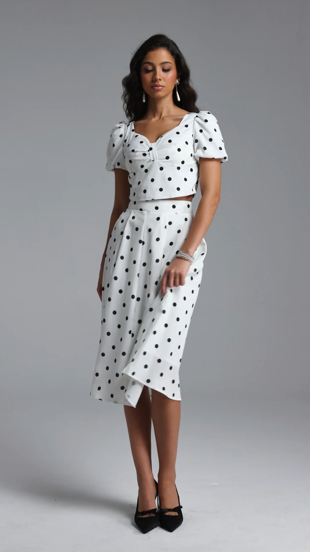 Islay Resort Flowy Puff Sleeve Polka Dot Ruched Woven Top and Skirt Two Piece Set