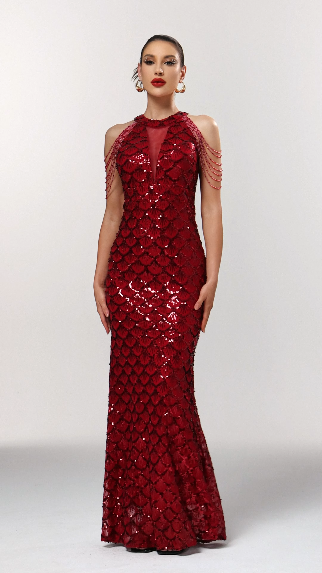 Mallen Glamorous Embellished Halter Fish Scale Sequin Maxi Dress