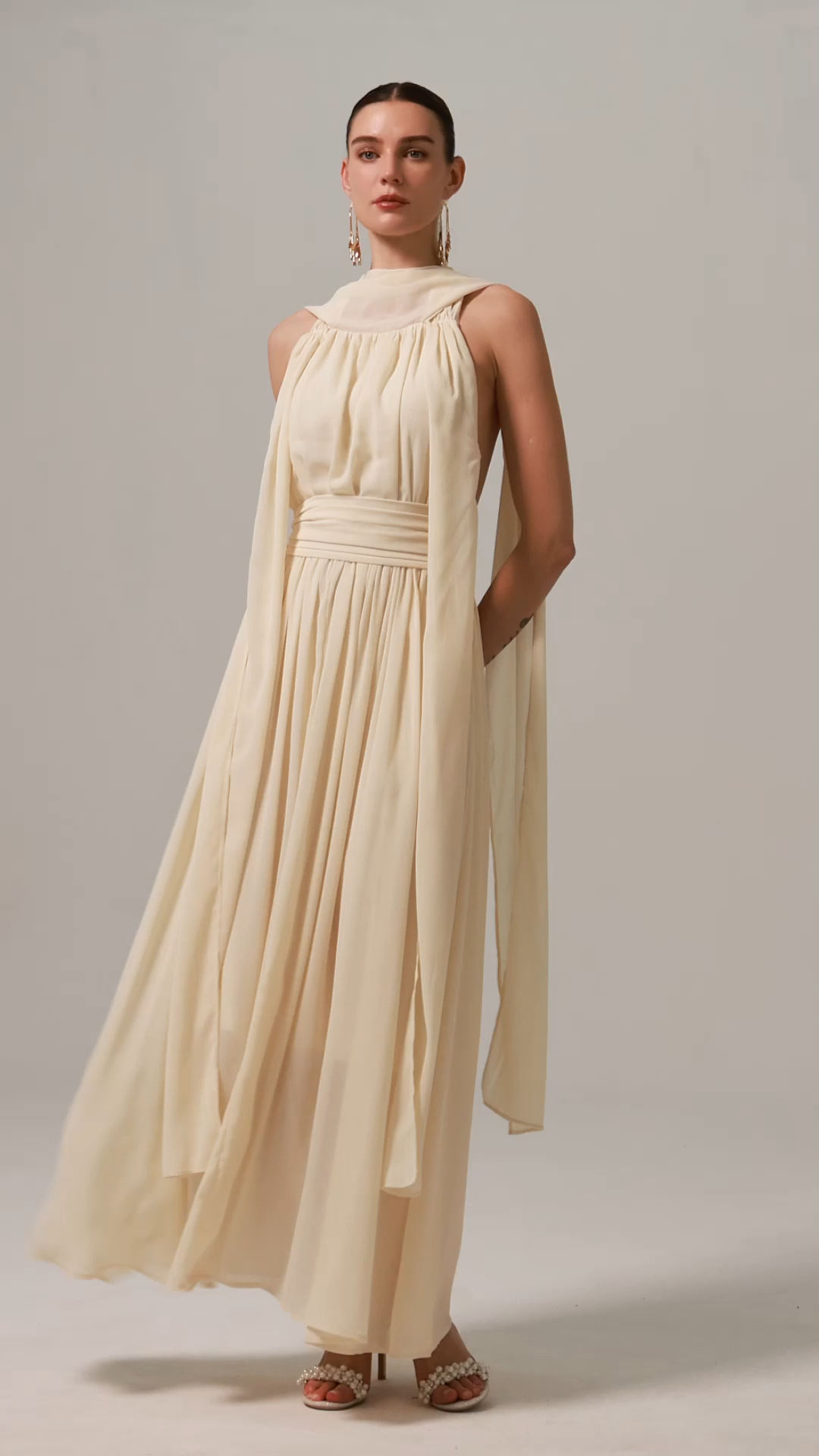 Harper Backless Sleeveless Folds Streamer Maxi Dress