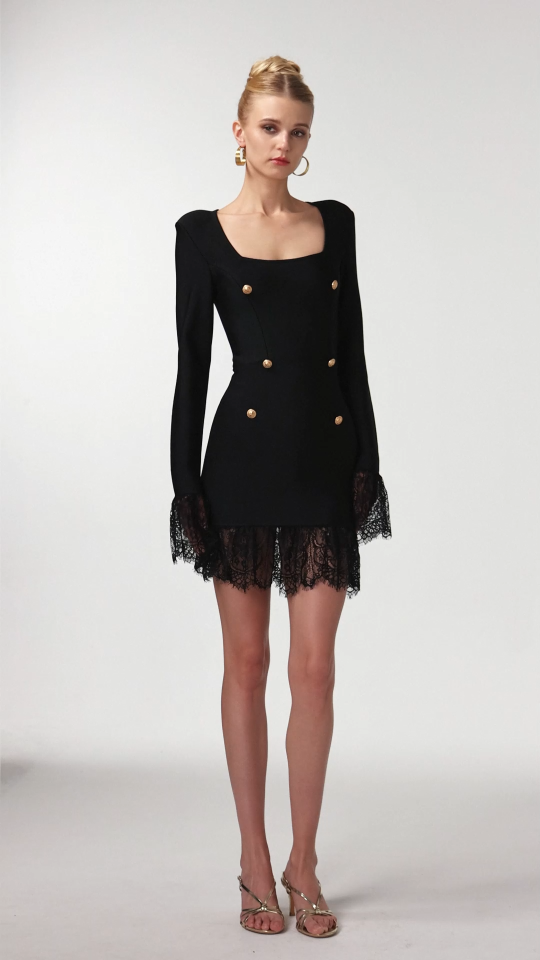 Sydney Classic Contour Long Sleeve Rhinestone Button Lace Bandage Mini Dress
