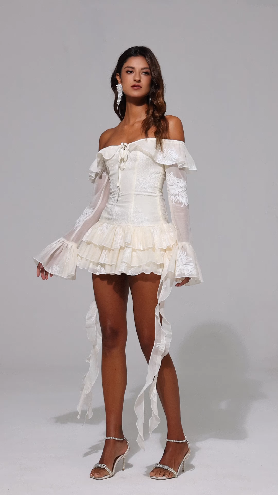 Wenie Off-the-Shoulder Long Sleeve Flounce Mini Dress