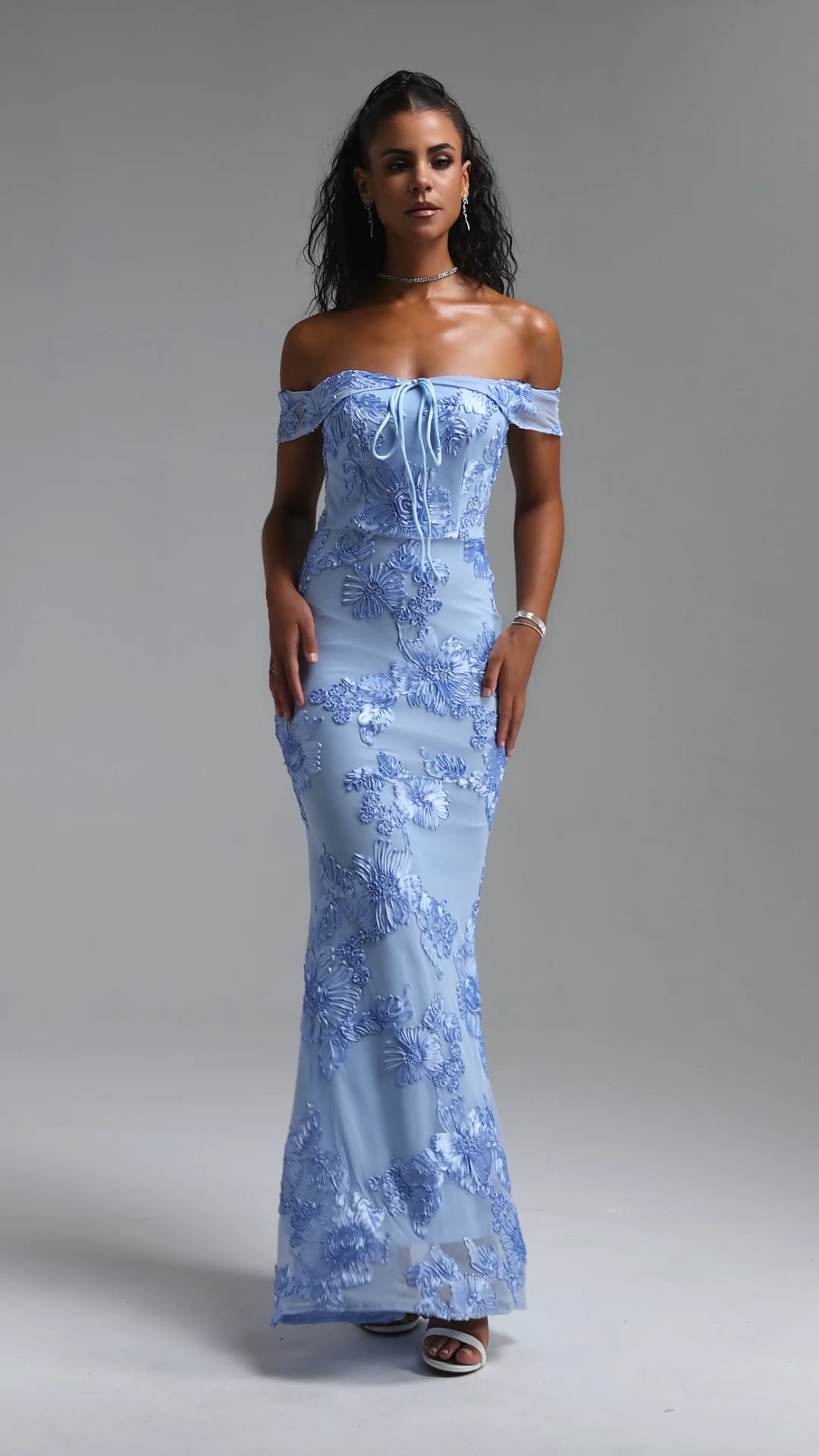Soraya Romantic Elegant Off The Shoulder Bow Floral Flowy Maxi Dress