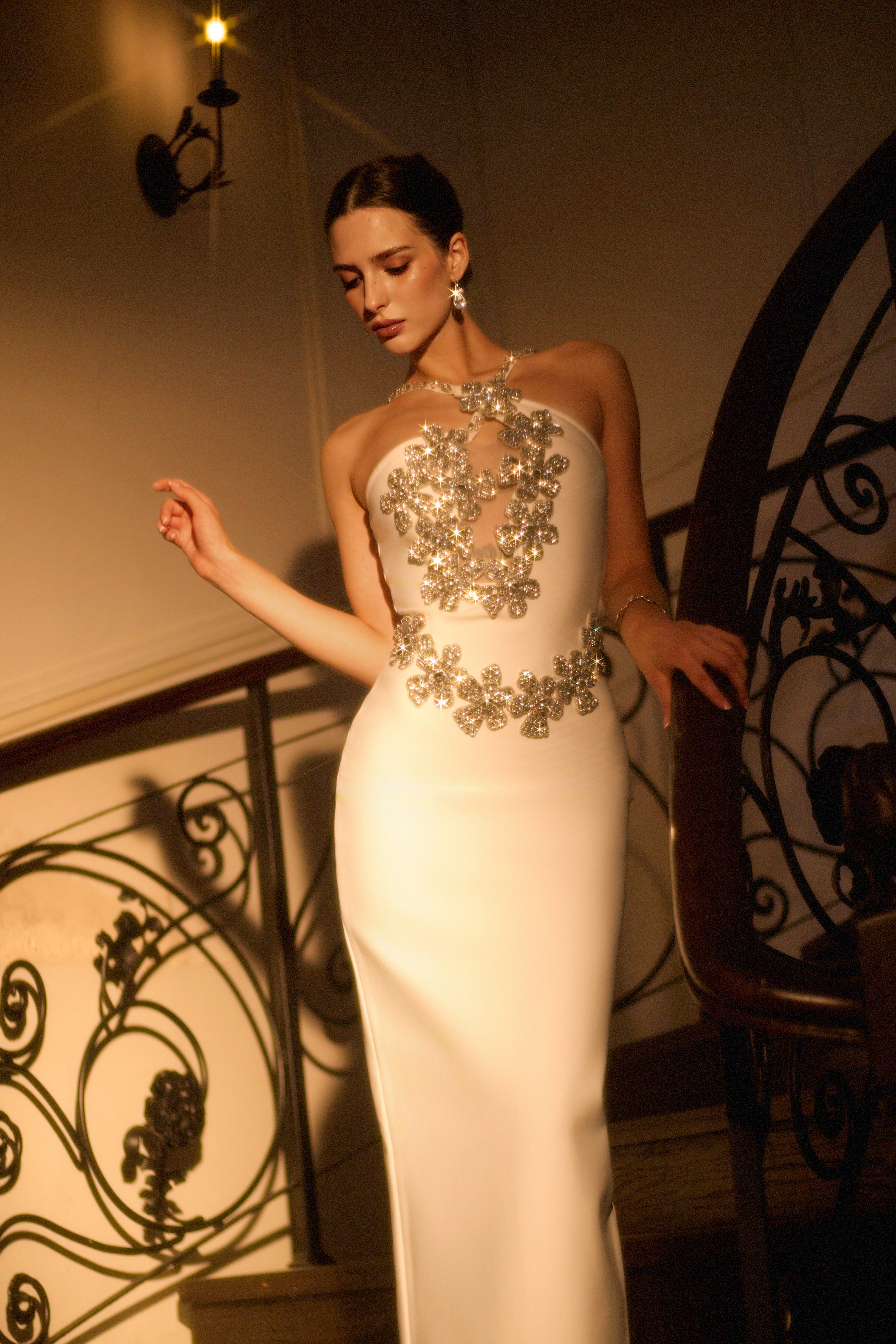 Veronic Glamorous Contour Halter Cut Out Rhinestone Floral Bandage Maxi Dress