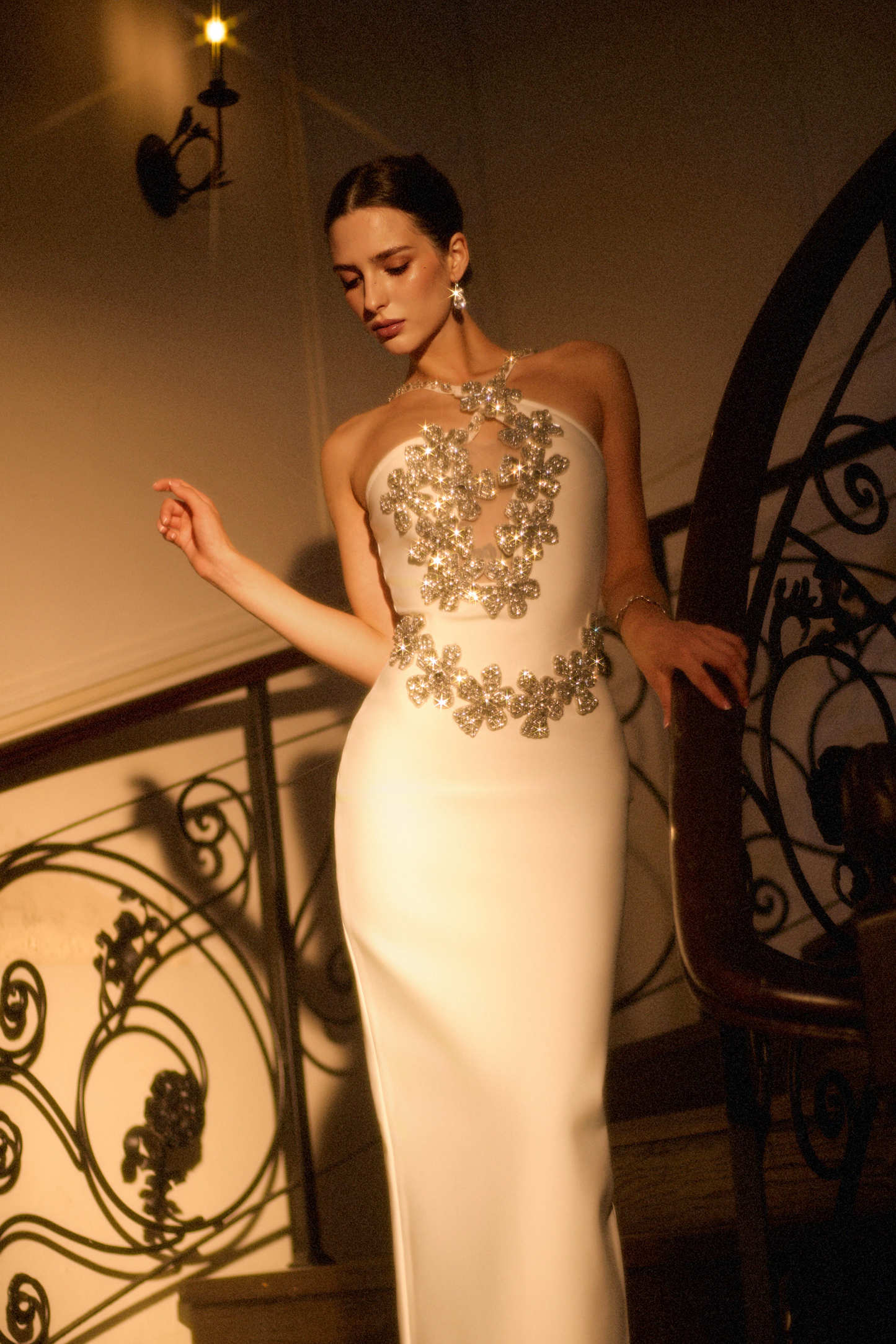 Veronic Glamorous Contour Halter Cut Out Rhinestone Floral Bandage Maxi Dress