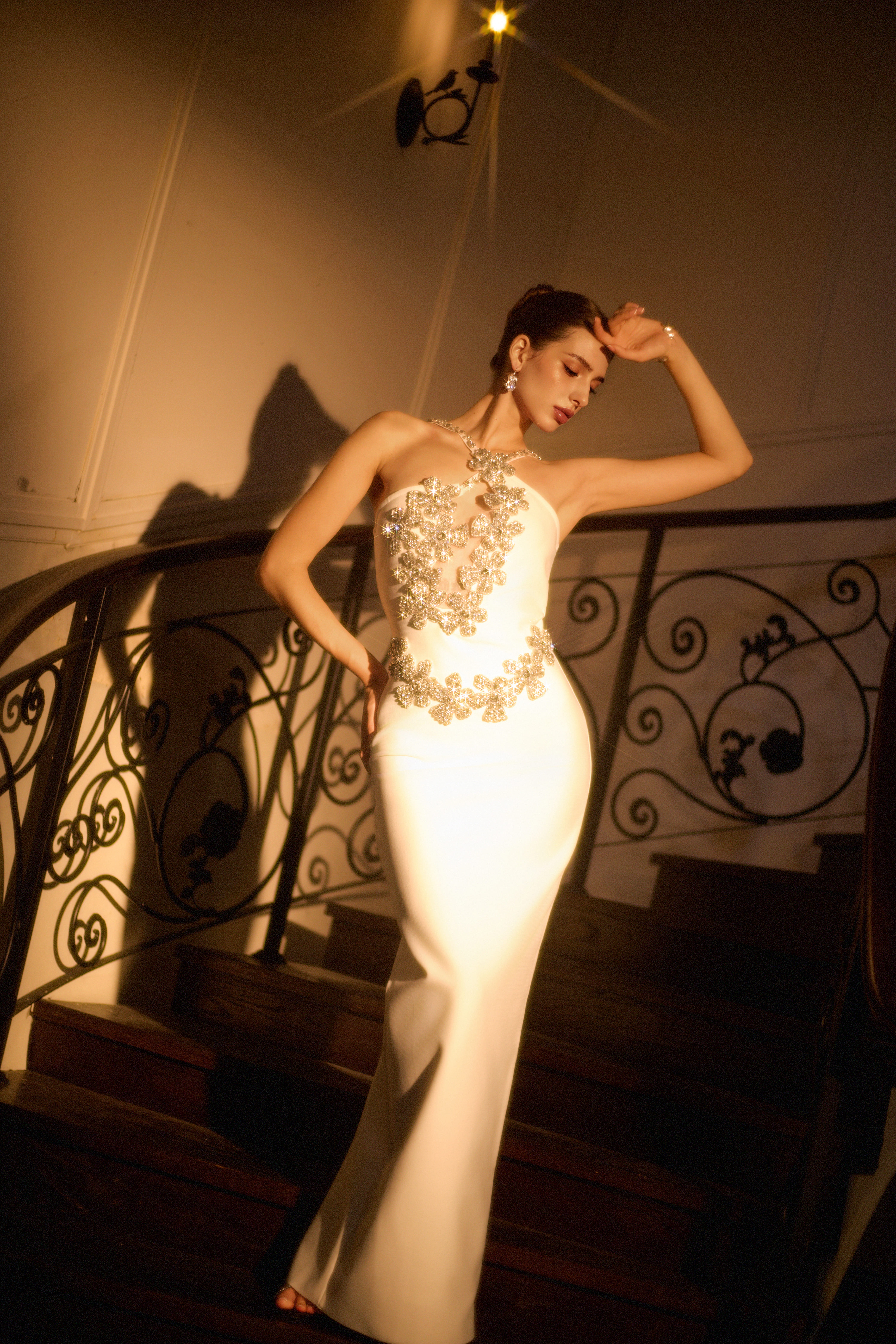 Veronic Glamorous Contour Halter Cut Out Rhinestone Floral Bandage Maxi Dress