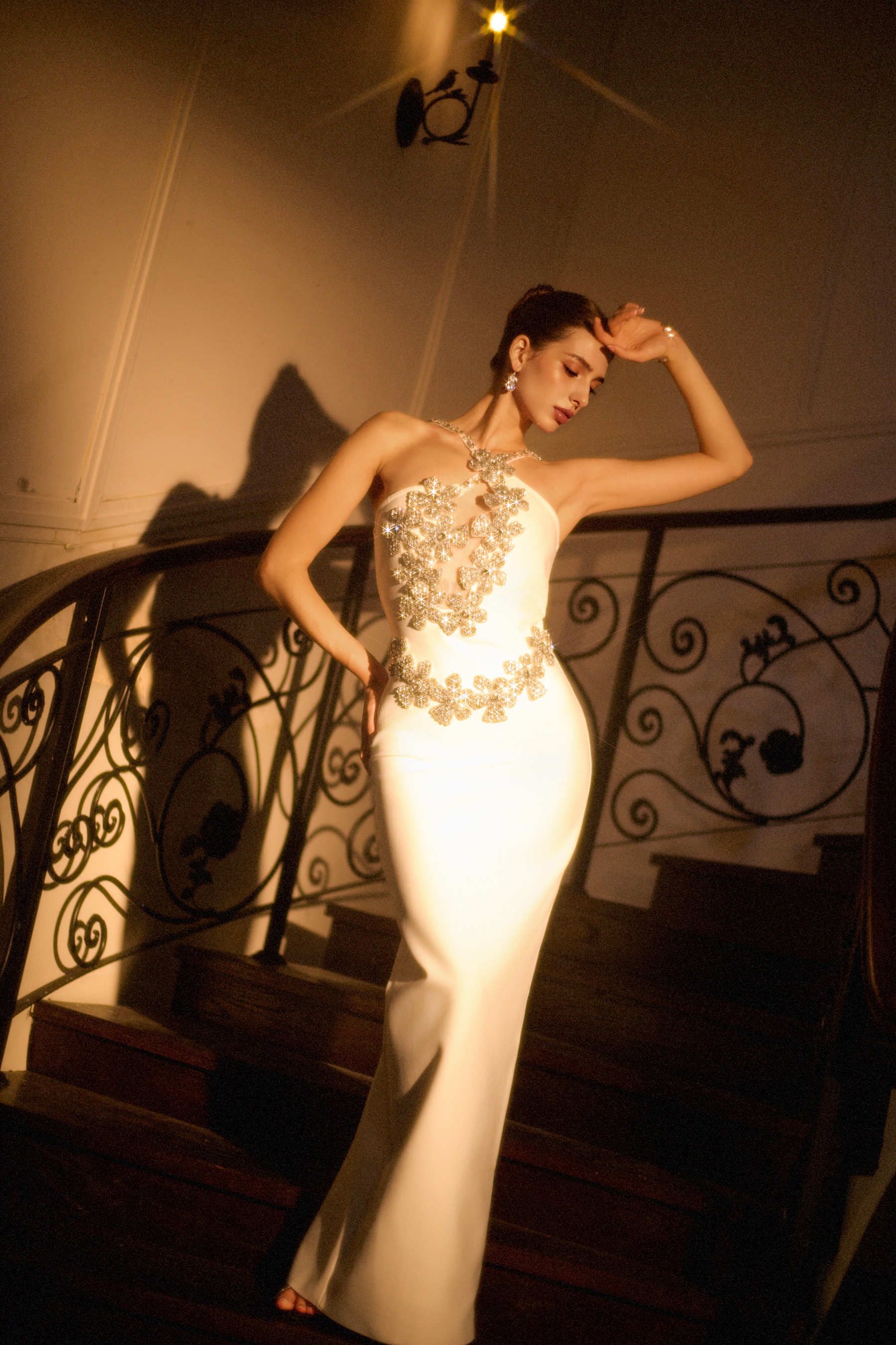 Veronic Glamorous Contour Halter Cut Out Rhinestone Floral Bandage Maxi Dress