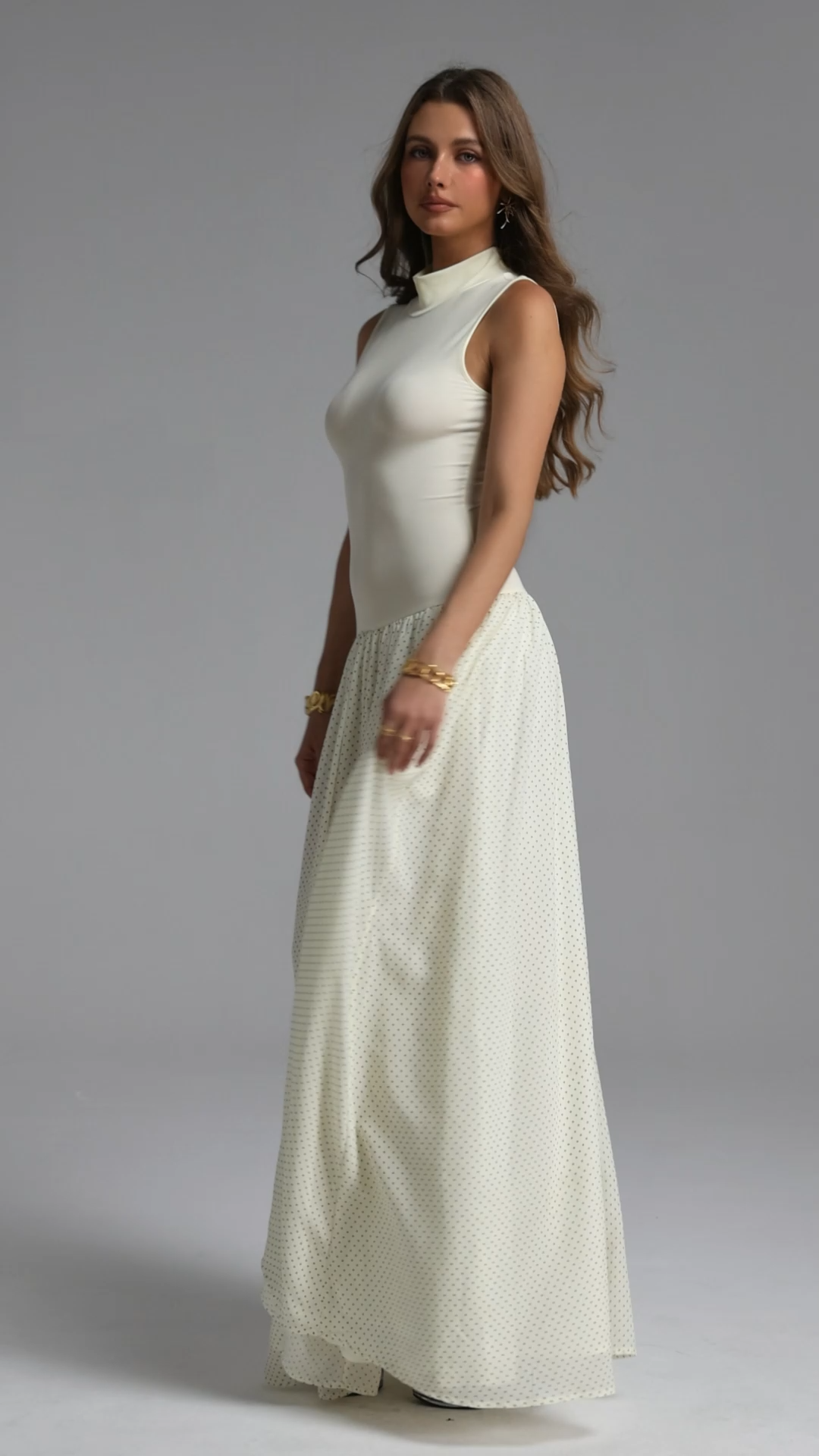 Ursula Elegant Cinched Sleeveless Polka Dot Ruched Woven Maxi Dress
