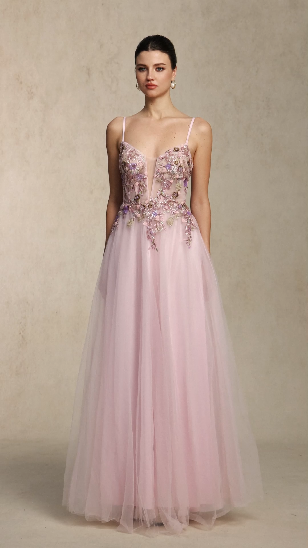 Leanna Elegant Cinched Waist Floral Applique Pink Tulle Maxi Dress