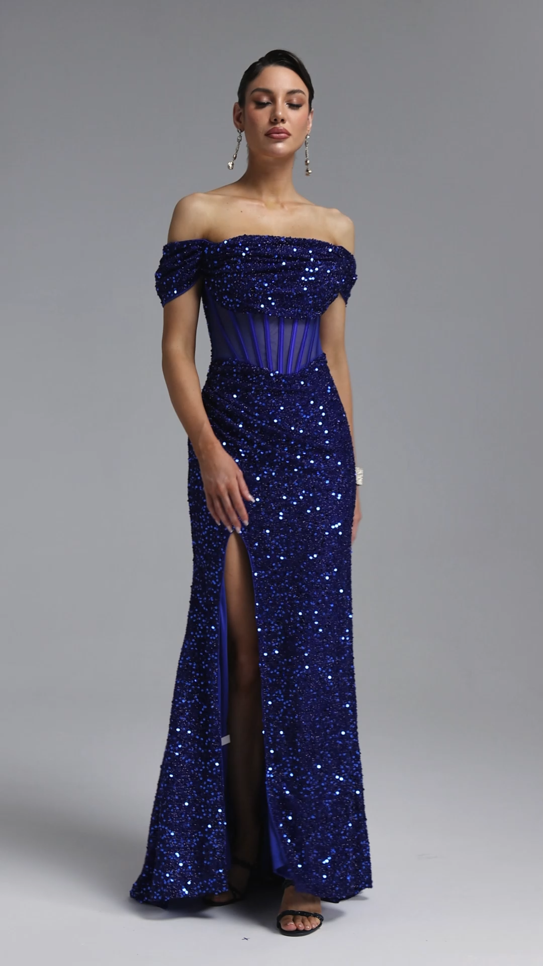 Ziska Classic Off Shoulder Corset Sequin High Slit Blue Maxi Dress