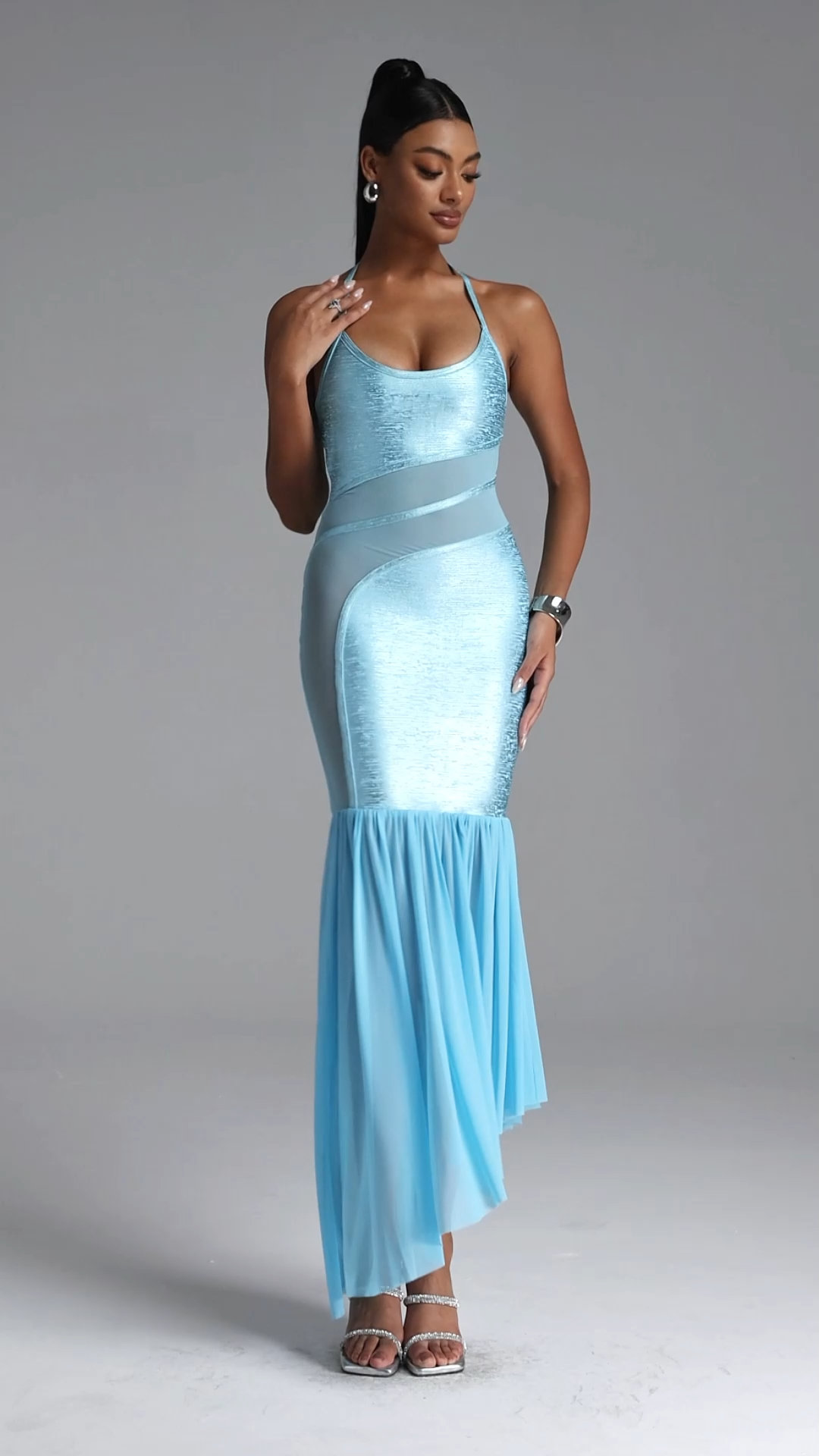Ninamo Chic Contour Halter Cut Out Metallic Bandage Maxi Dress