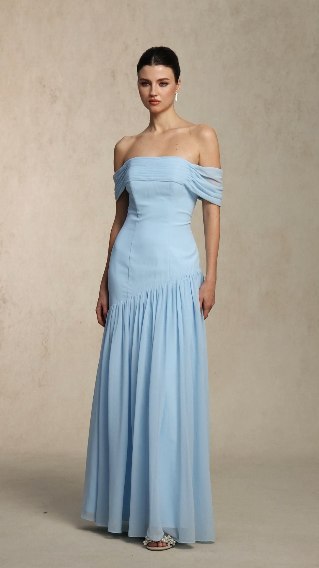 Orana Elegant Off Shoulder Gathered Cinched Waist Blue Chiffon Maxi Dress