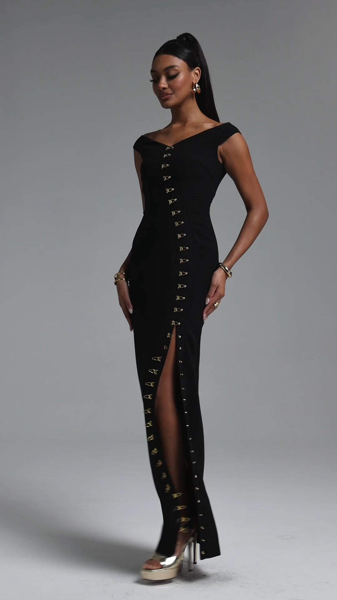 Tess Vintage Off Shoulder V Neck Metal Buckle Slit Black Maxi Dress