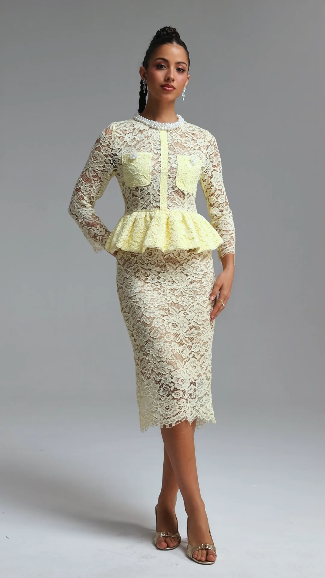 Ierra Romantic Contour Round Neck Long Sleeve Pearl Ruffle Floral Lace Midi Dress