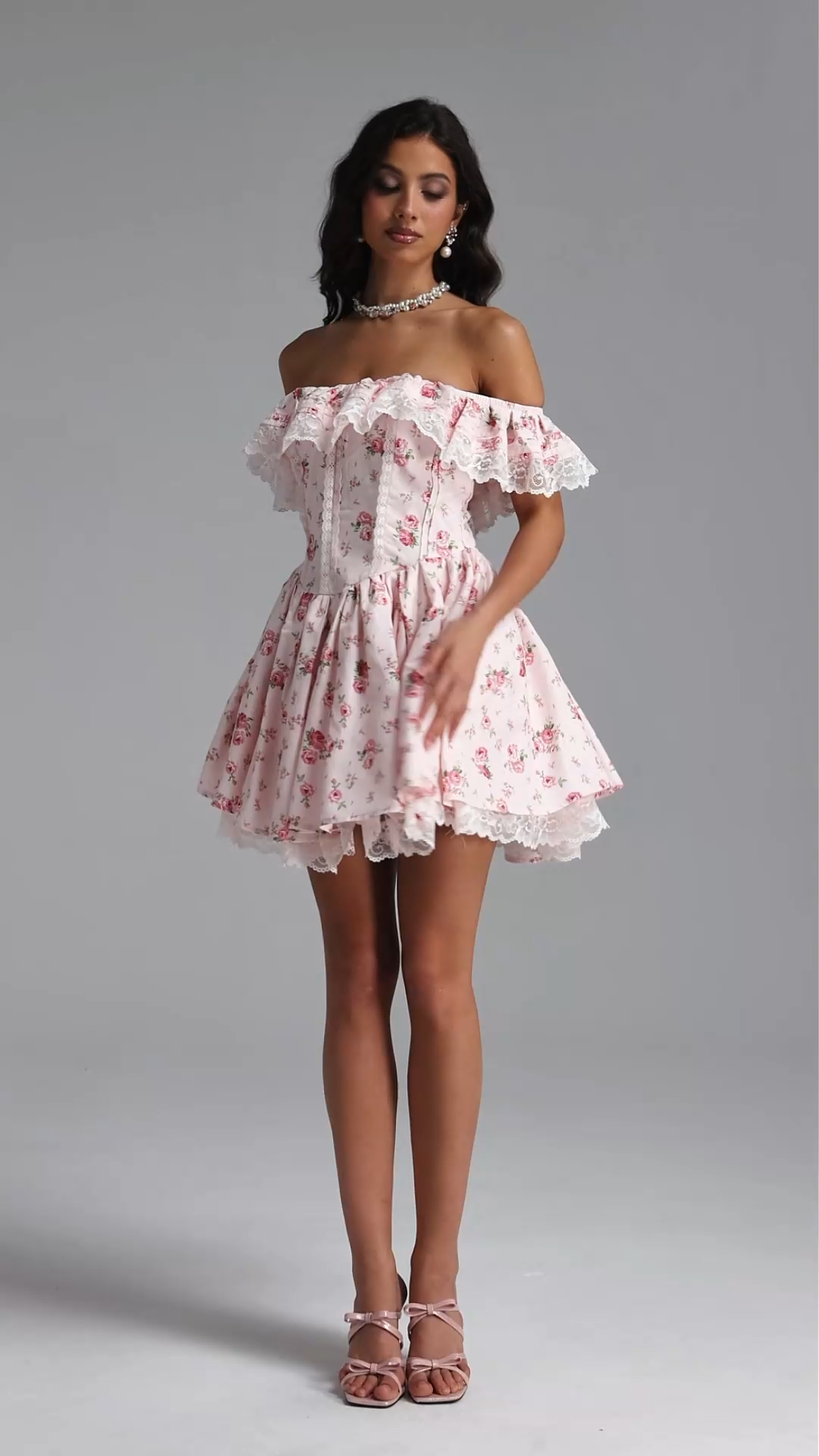 Resber Resort Flowy Off Shoulder Lace Detailing Floral Print Woven Mini Dress