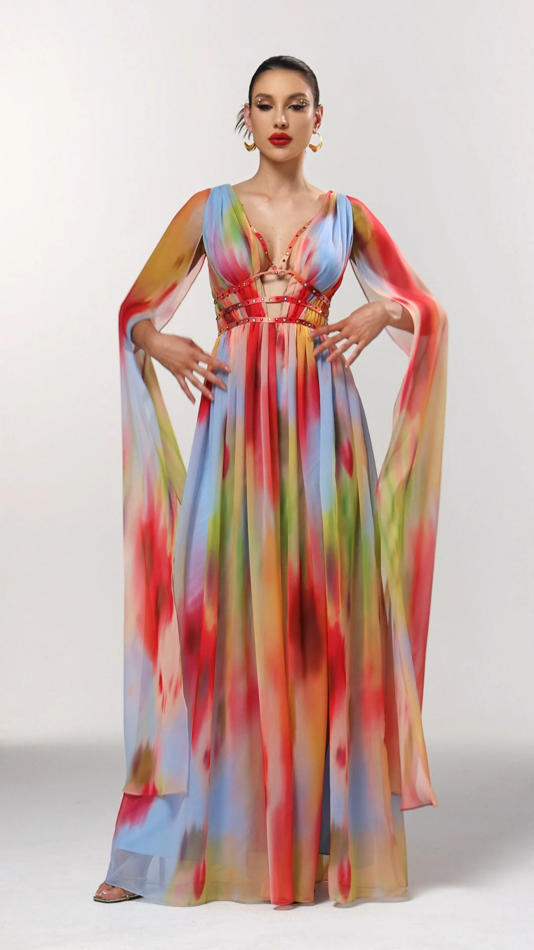 Zelda Sexy Flowy V Neck Cape Sleeve Abstract Print Maxi Dress