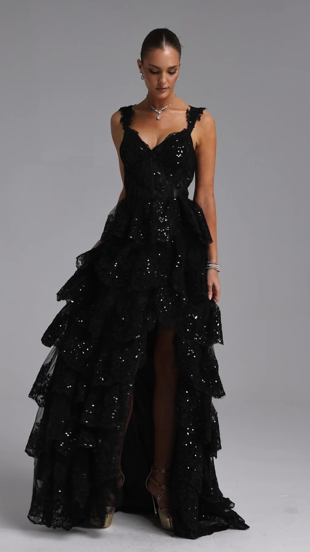 Fanni Glamorous Tailored Tiered Ruffle Lace Applique Maxi Dress