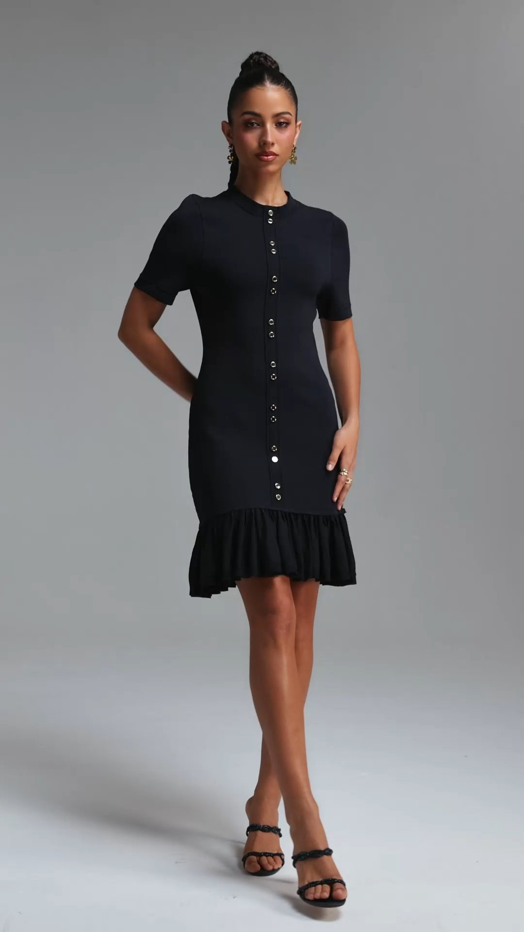 Ketrina Elegant Contour Round Neck Short Sleeve Ruffle Bandage Mini Dress