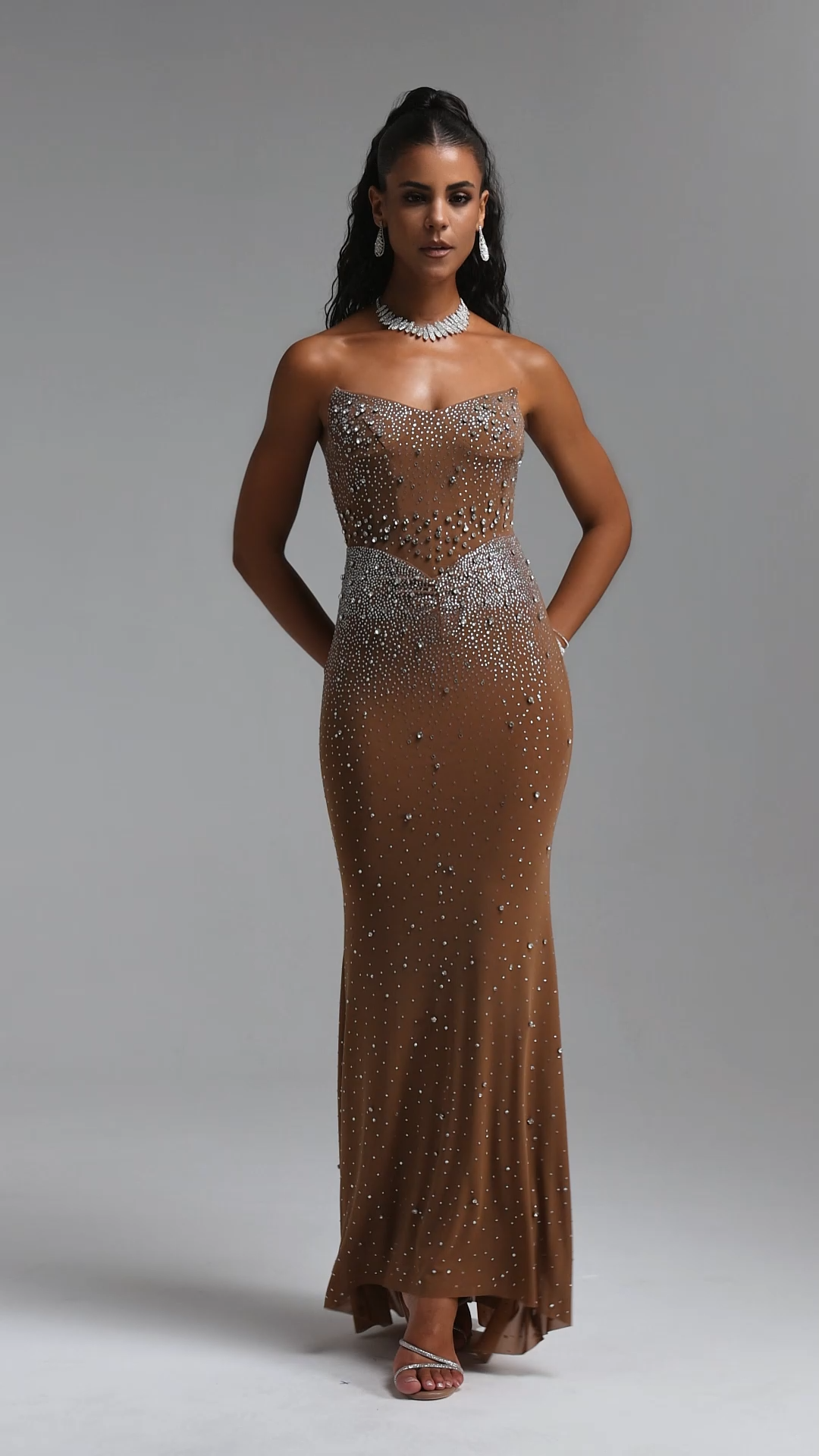Scala Luxury Bandeau Ruched Rhinestone Maxi Dress