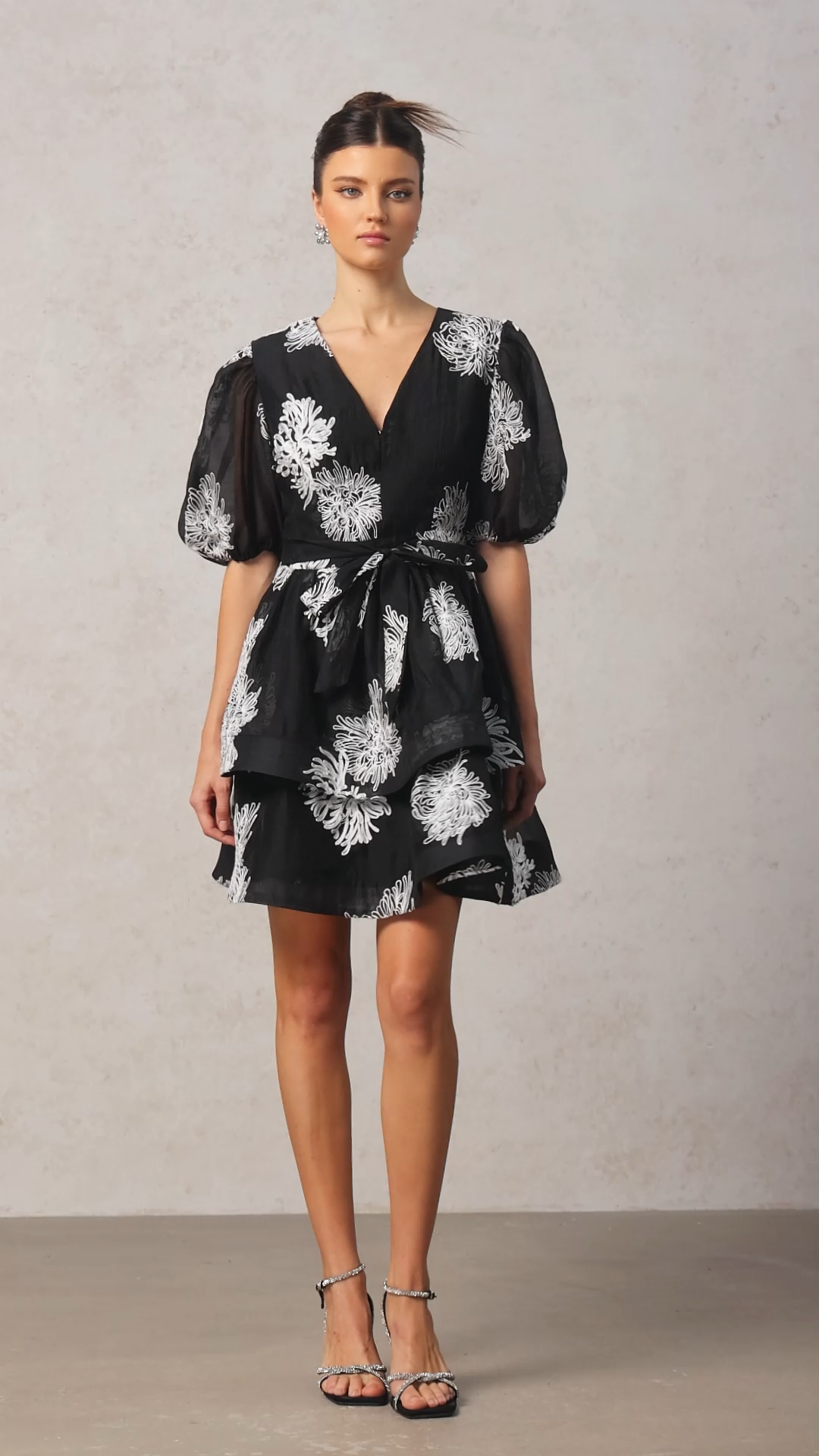 Kenza V-Neck Puff Sleeves Embroidery Flower Mini Dress
