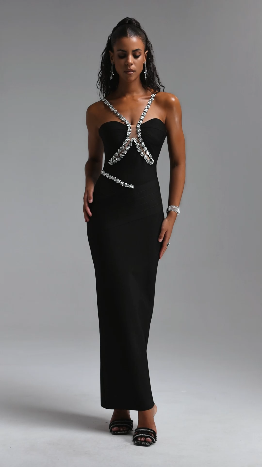Mota Romantic Contour Halter V Neck Rhinestone Bandage Black Maxi Dress
