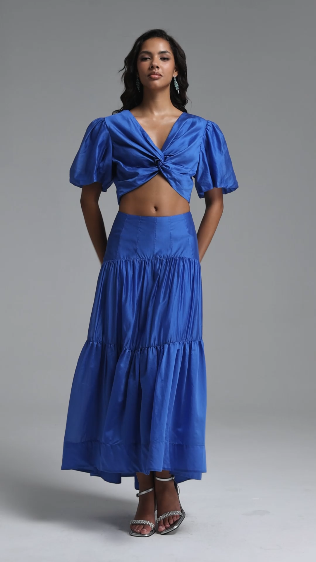 Diliy Resort Flowy V Neck Puff Sleeve Woven Top and Skirt Two Piece Set