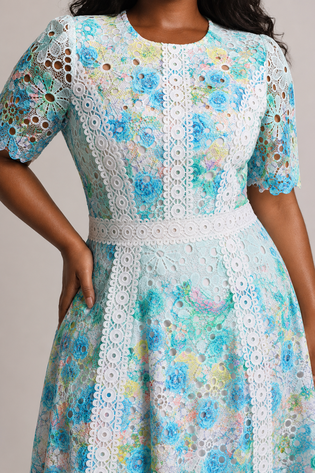 Pillose Resort Cinched Round Neck Short Sleeve Floral Print Lace Green Maxi Dress