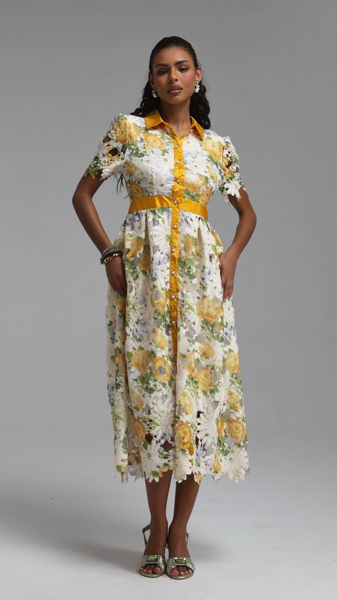 Paco Elegant Tailored Short Sleeve Print Floral Lace Midi Dress