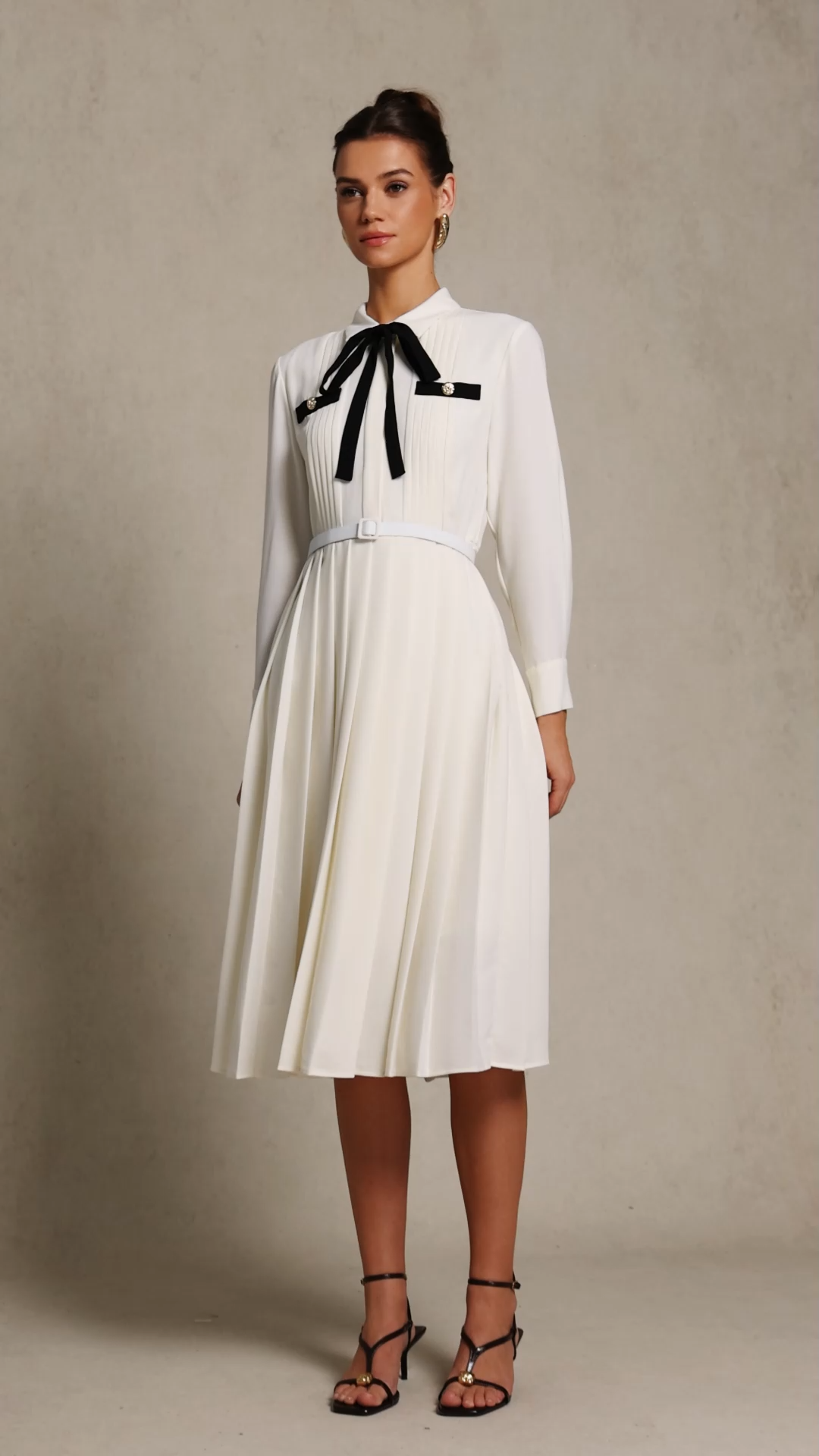 Jacaze Long Sleeves Folds Bowknot Streamer Midi Dress